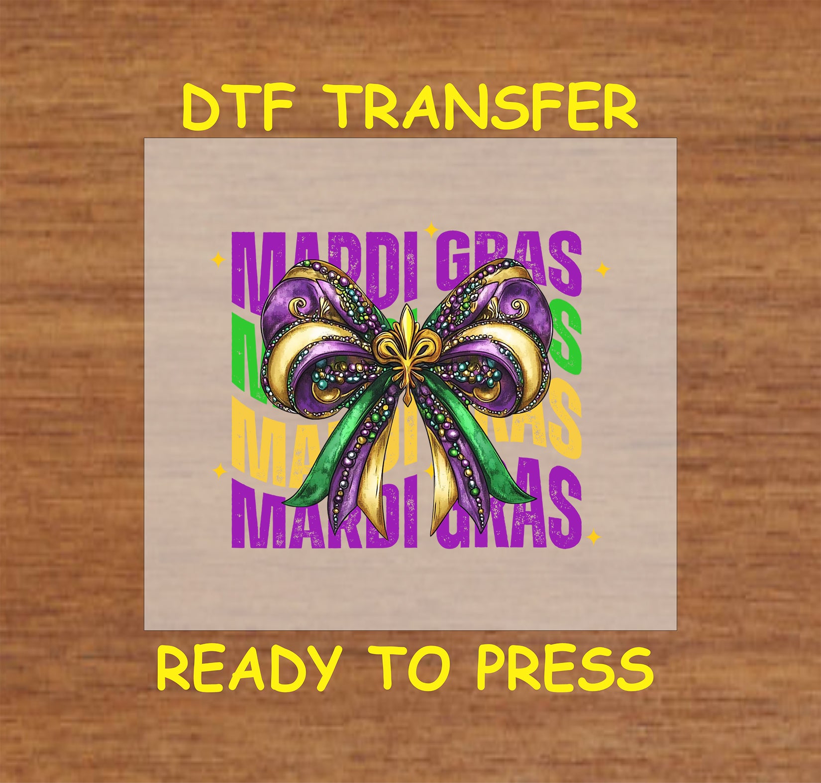 Mardi Gras bow with glitter accents, beads, and bold text background.