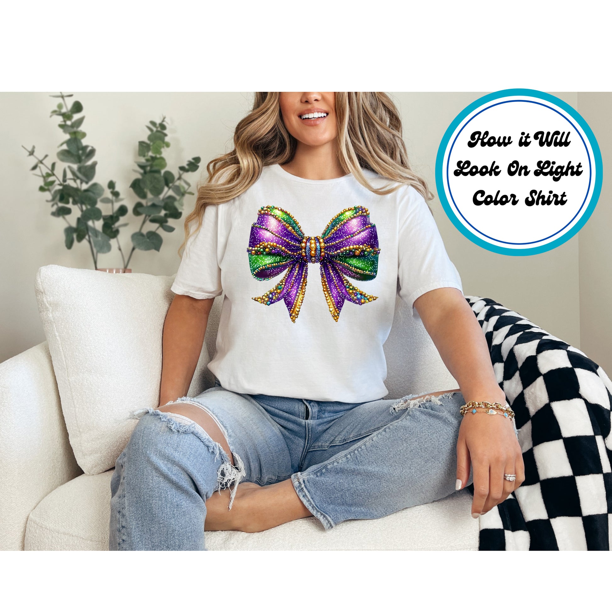 Mardi Gras bow with sparkling beads in purple, green, and gold.