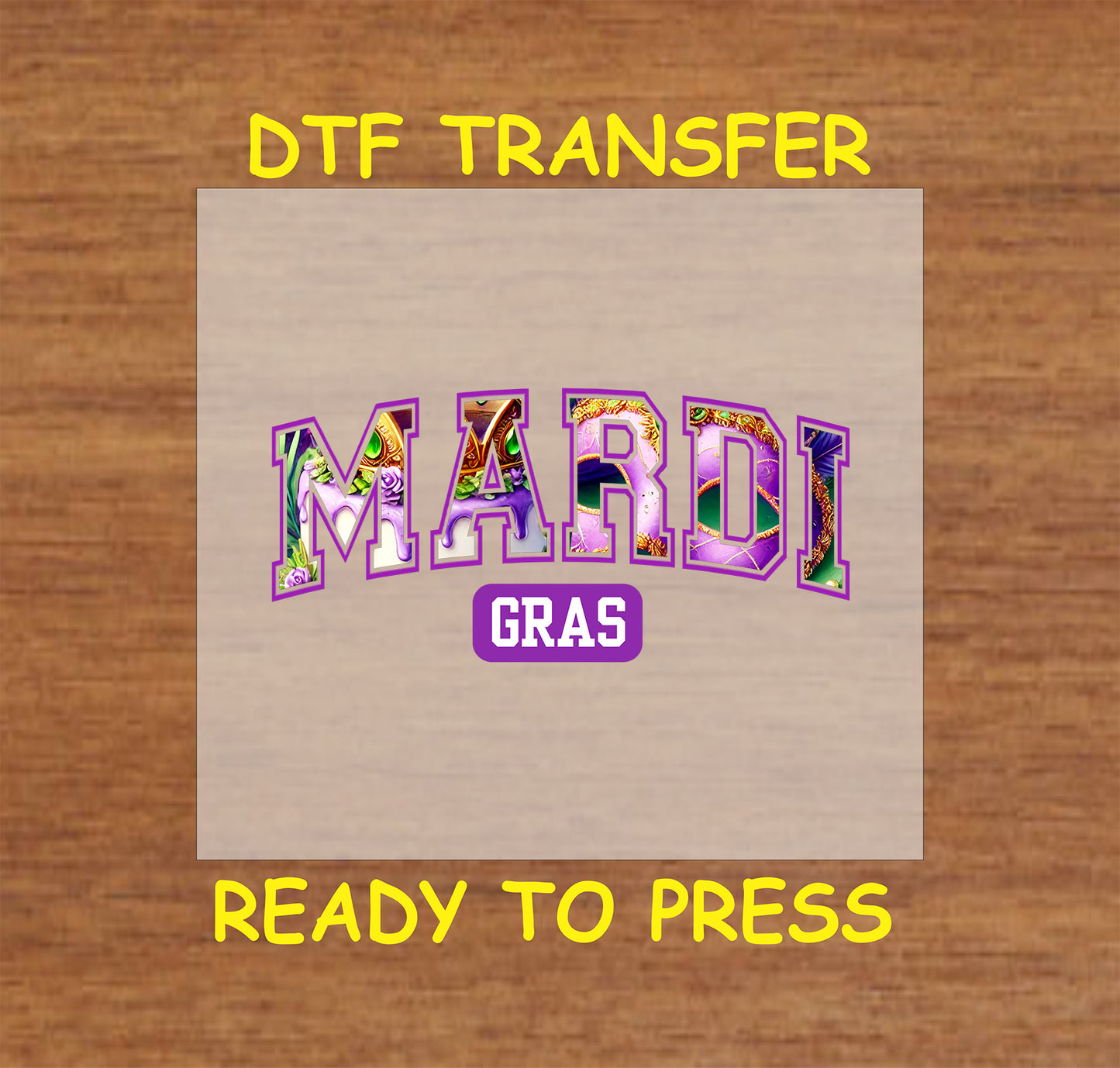 Mardi Gras varsity-style text design in purple, green, and gold.