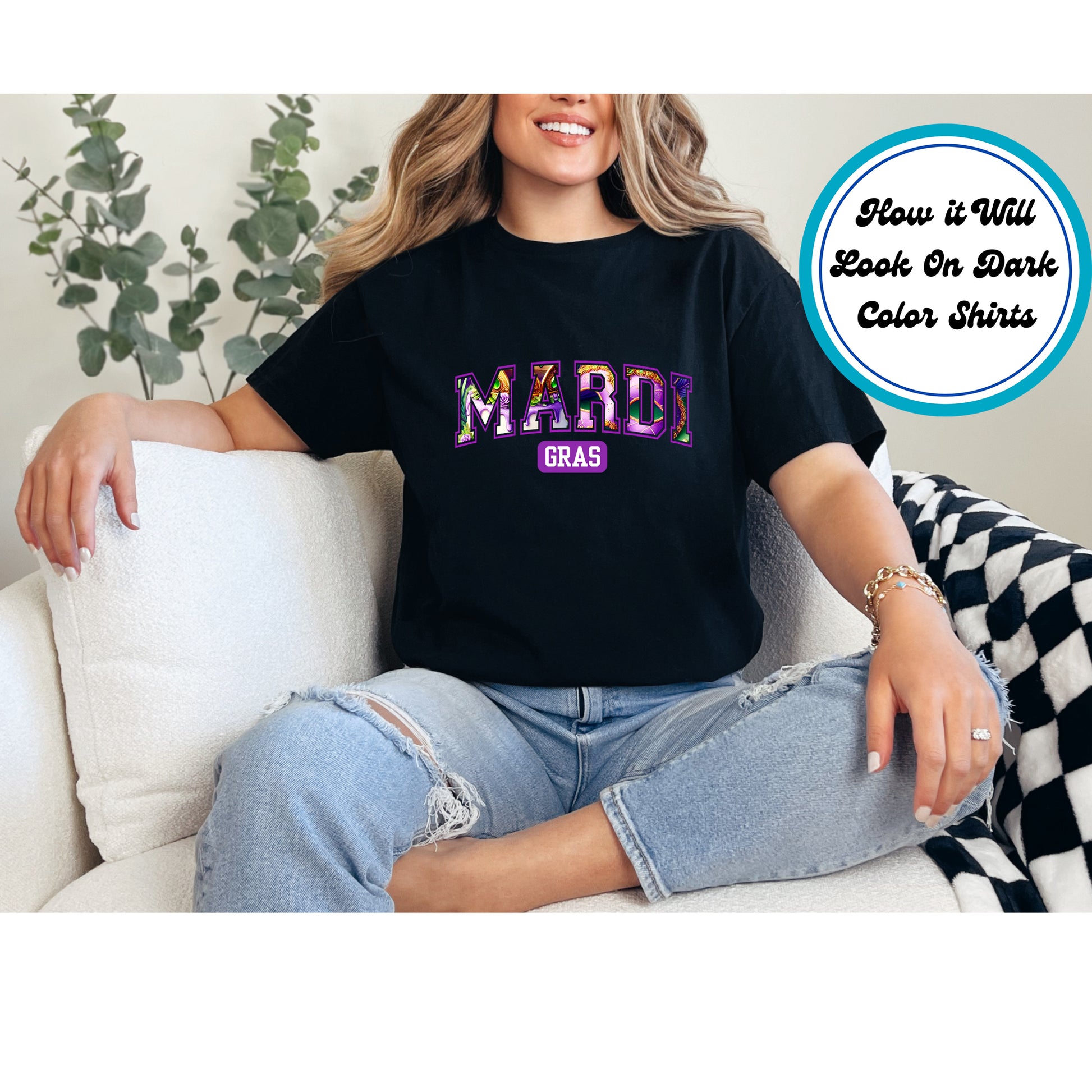 Mardi Gras varsity-style text design in purple, green, and gold.