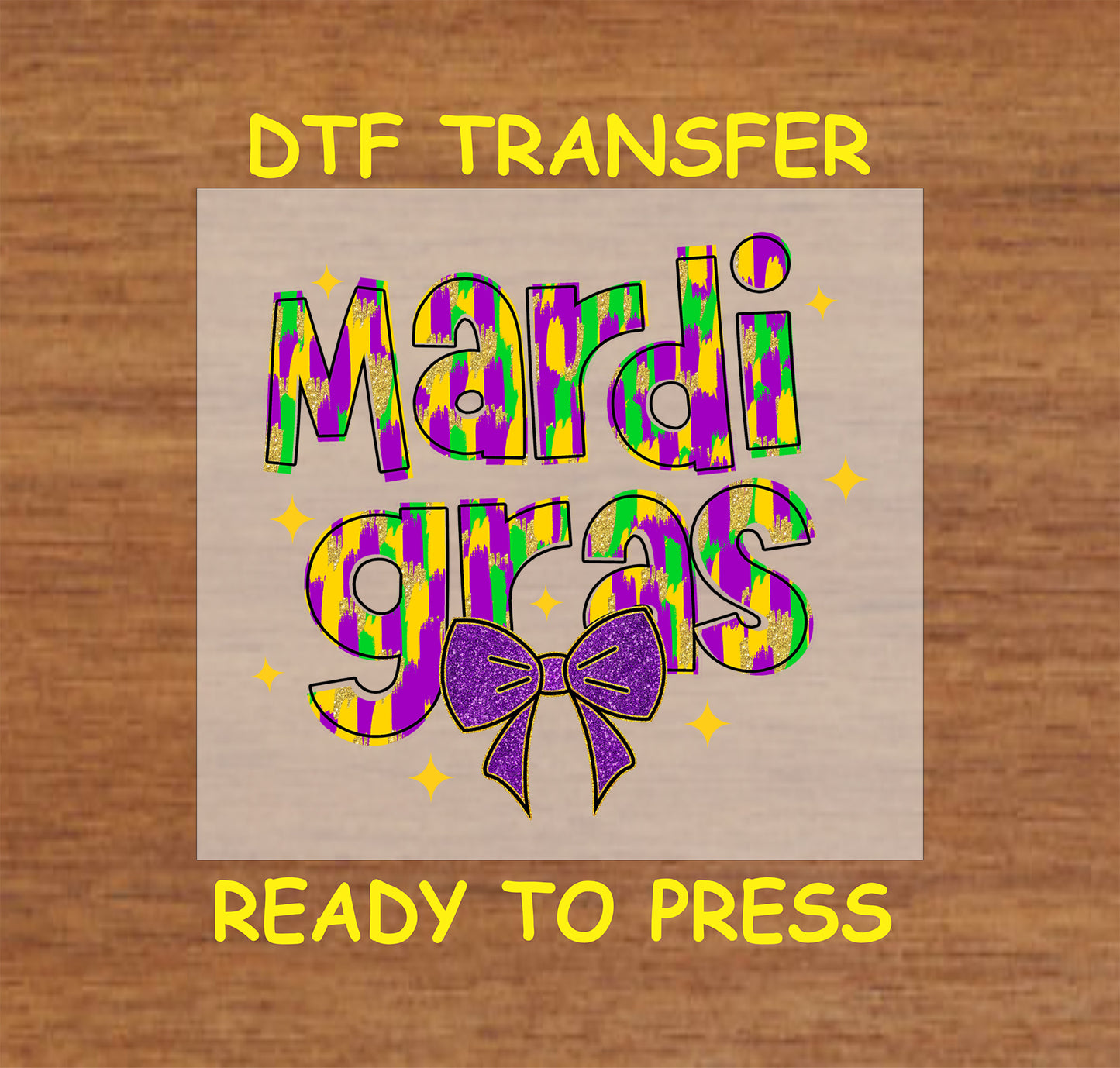 Mardi Gras brush stroke text in purple, green, and gold with a glitter bow.