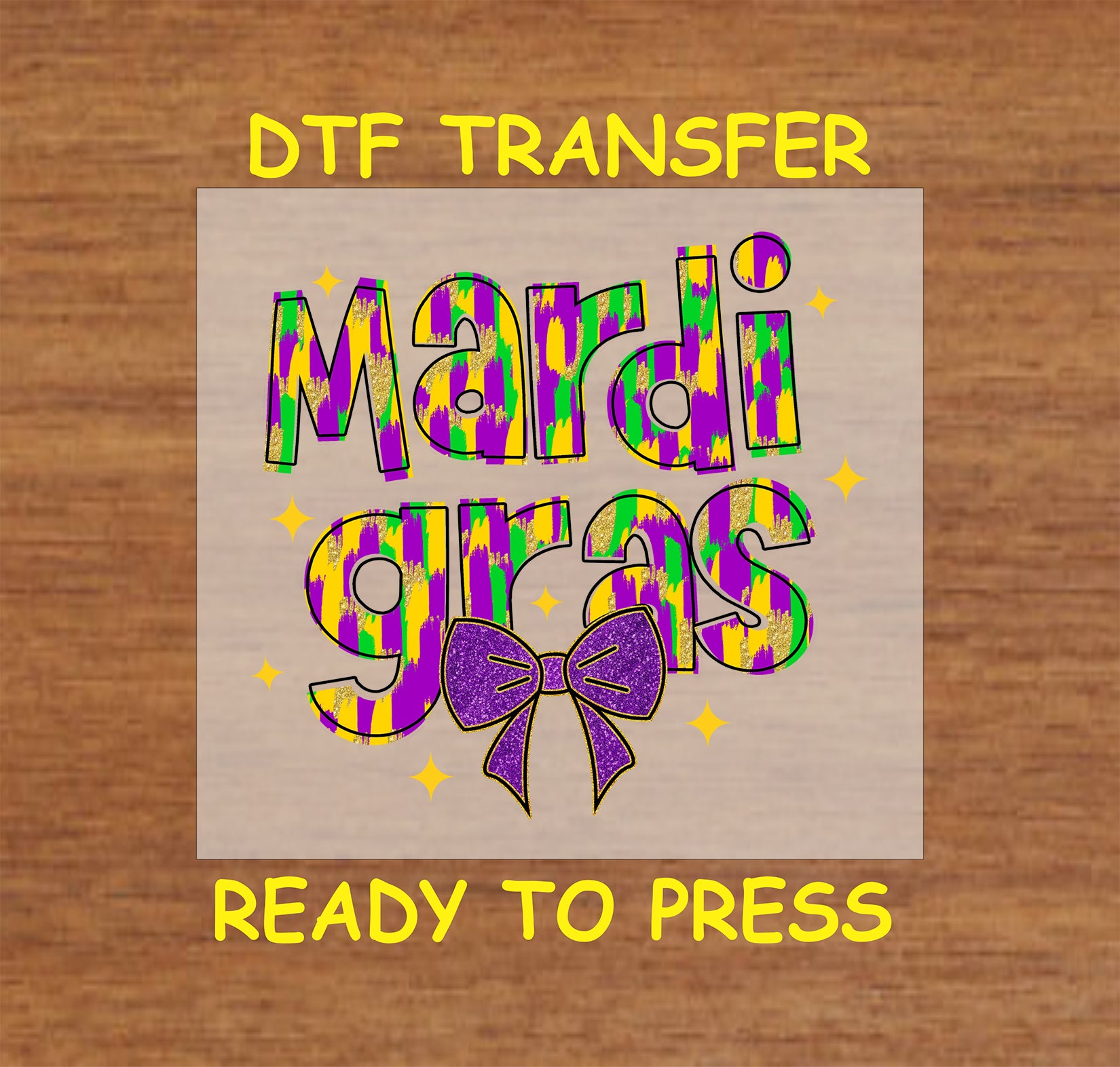 Mardi Gras brush stroke text in purple, green, and gold with a glitter bow.