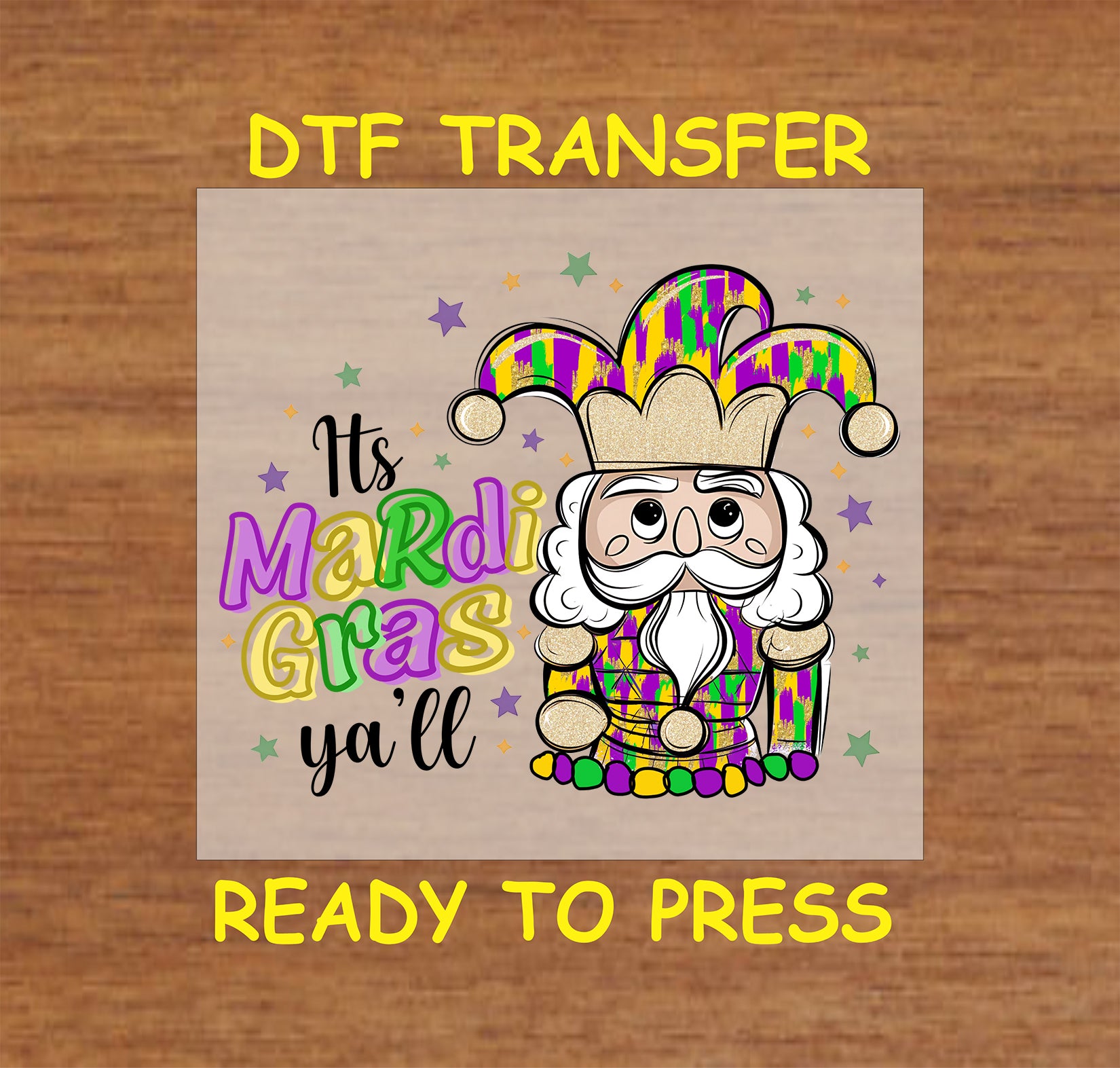 Mardi Gras jester nutcracker DTF transfer with festive colors and beads.
