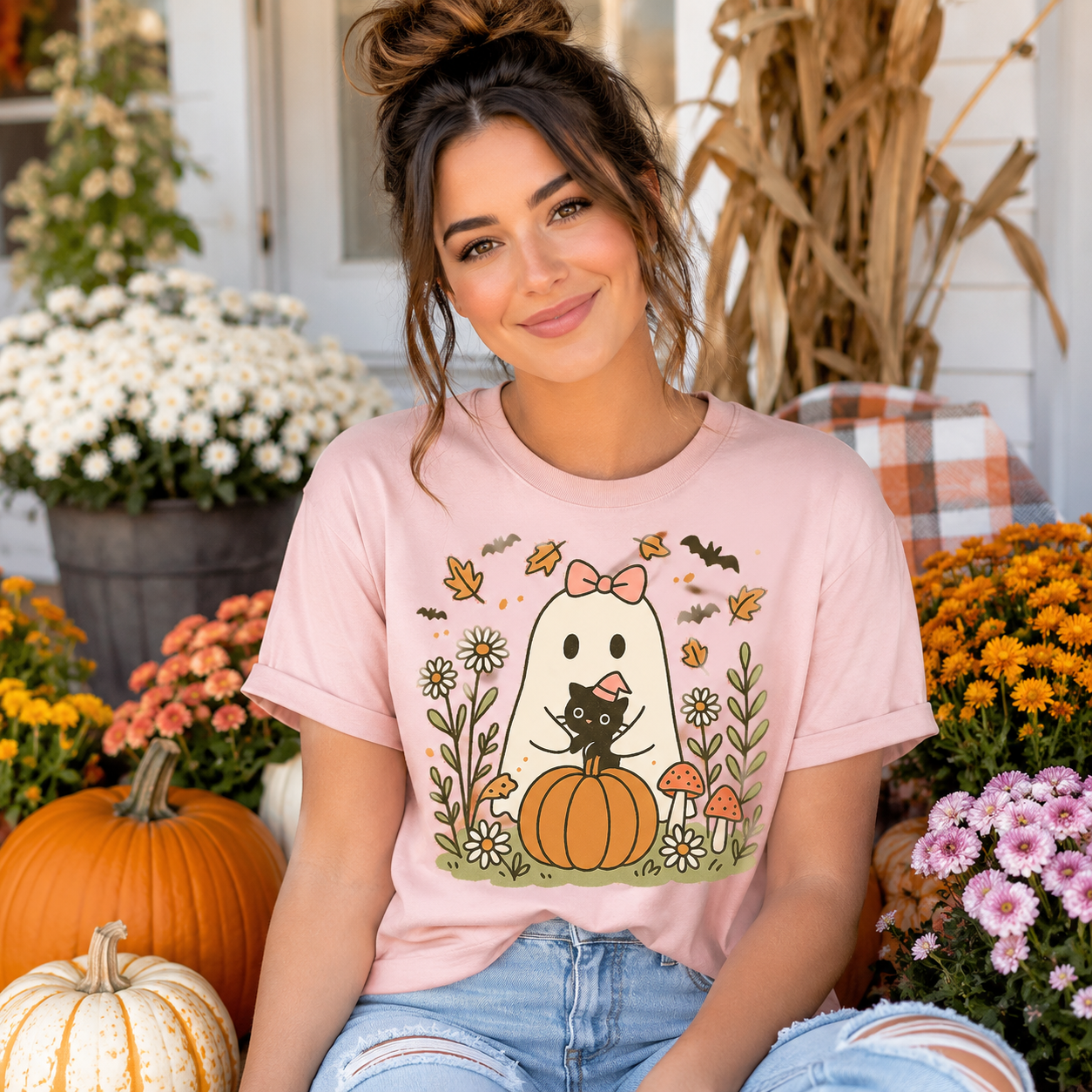 A woman wearing a light pink graphic t-shirt with a cute Halloween design featuring a ghost, black cat, and pumpkin, posed in front of a fall-themed background with pumpkins and flowers.