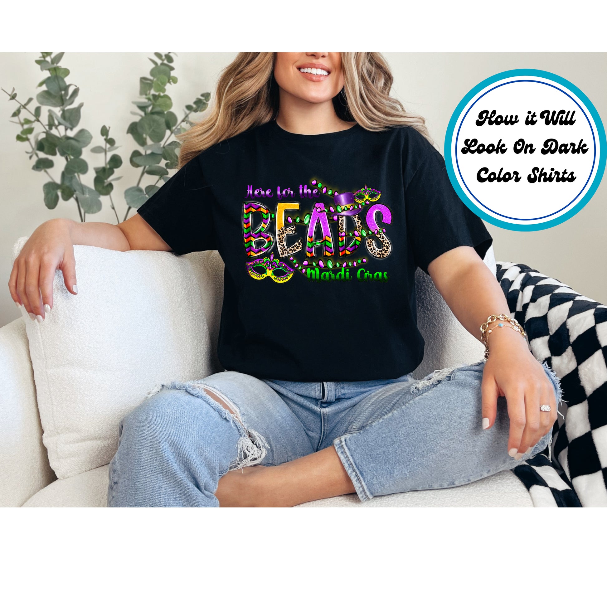 Mardi Gras DTF transfer with colorful text, beads, a masquerade mask, and a top hat.