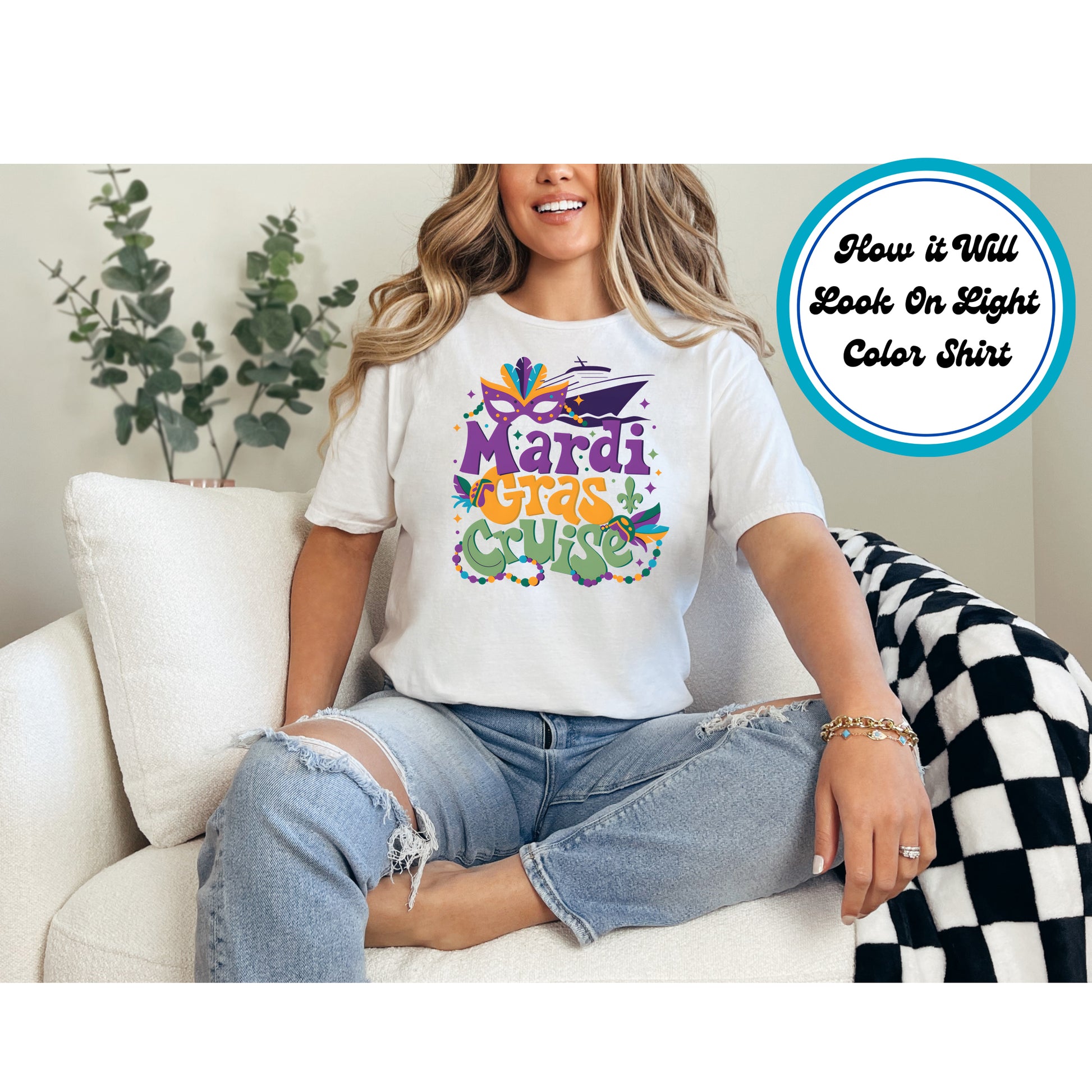 DTF transfer with a cruise ship, festive mask, and Mardi lettering in bold colors.