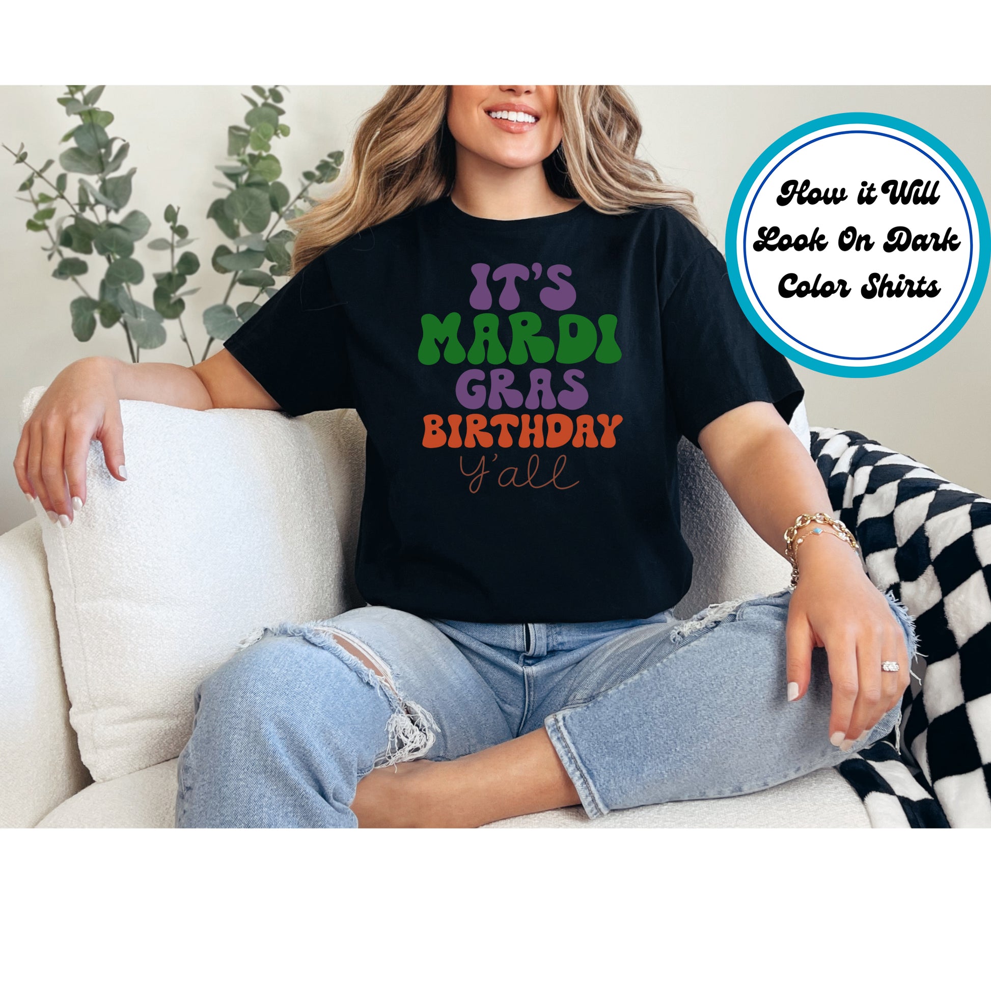 DTF transfer with bold, colorful Mardi-themed birthday text in festive lettering.