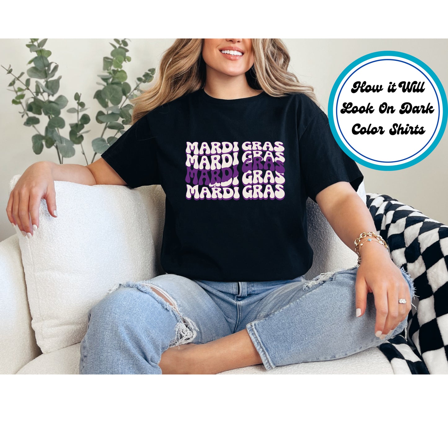 DTF transfer featuring bold, wavy Mardi text in a retro-style font.