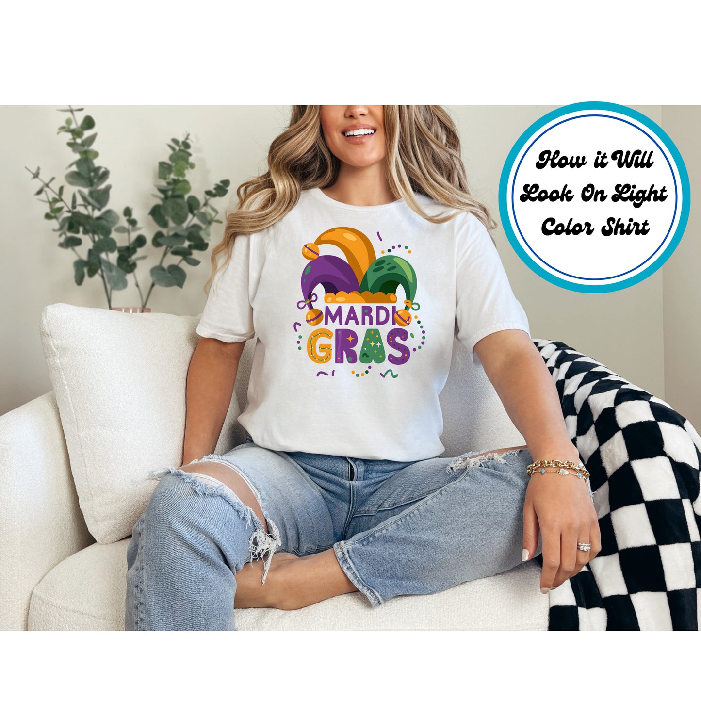 DTF transfer with a jester hat and Mardi Gras text in festive colors.