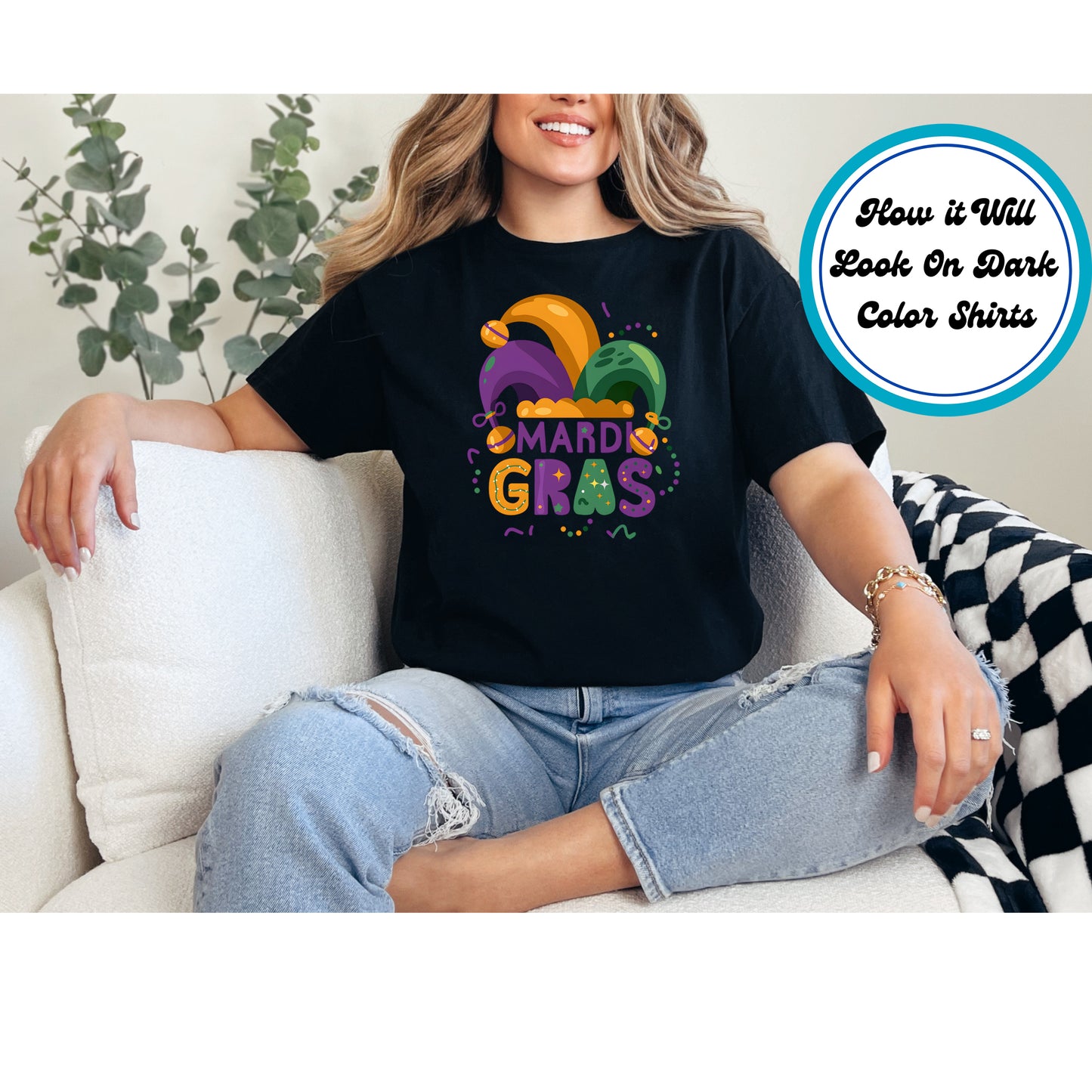 DTF transfer with a jester hat and Mardi Gras text in festive colors.
