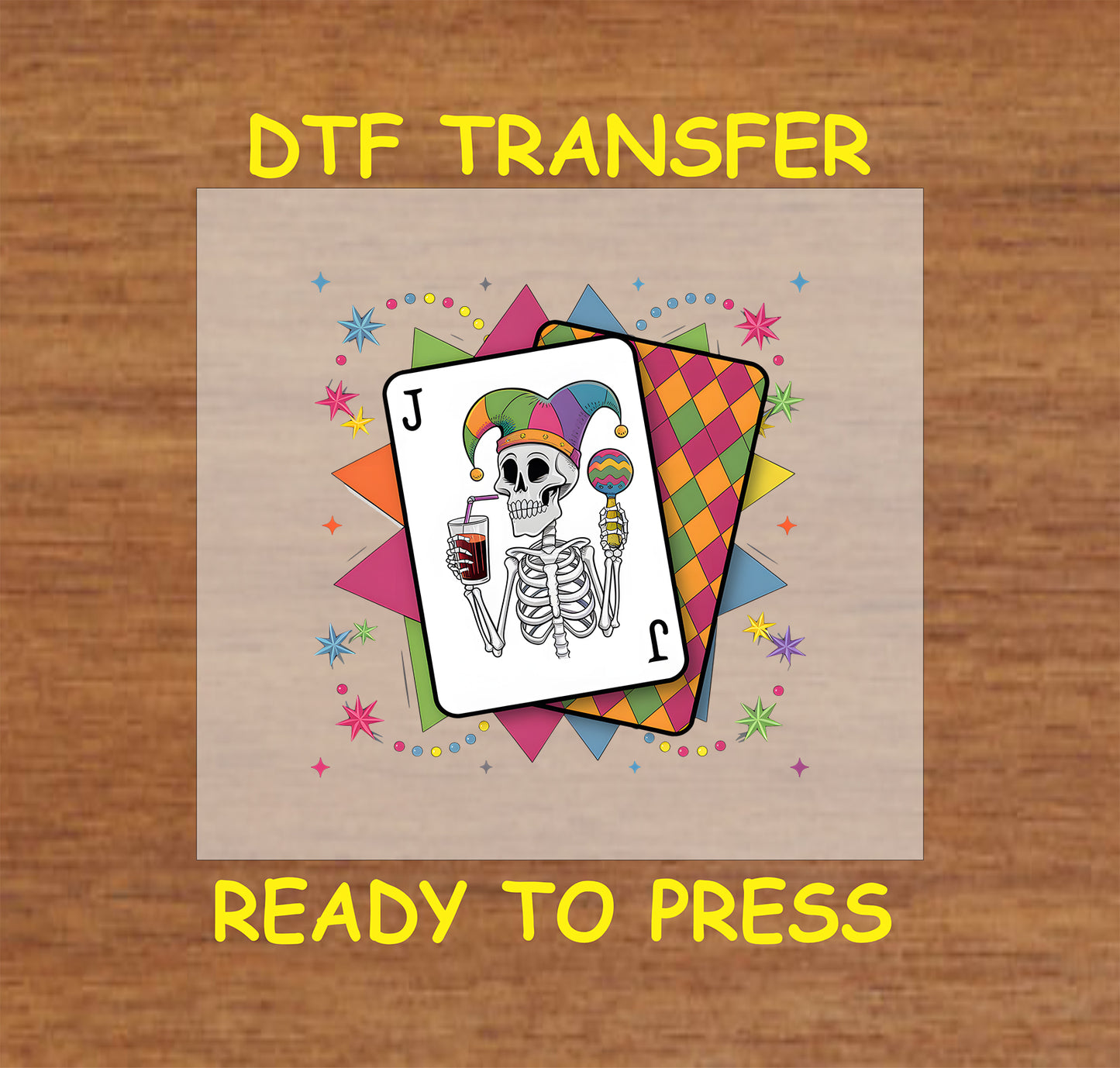 Jester skull playing card DTF transfer with Mardi Gras colors and harlequin pattern.