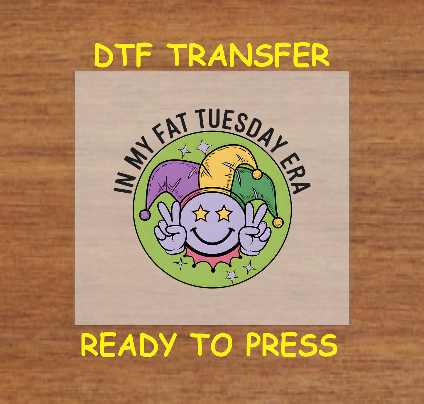 Mardi Gras themed DTF transfer with a smiley face wearing a jester hat and peace signs.