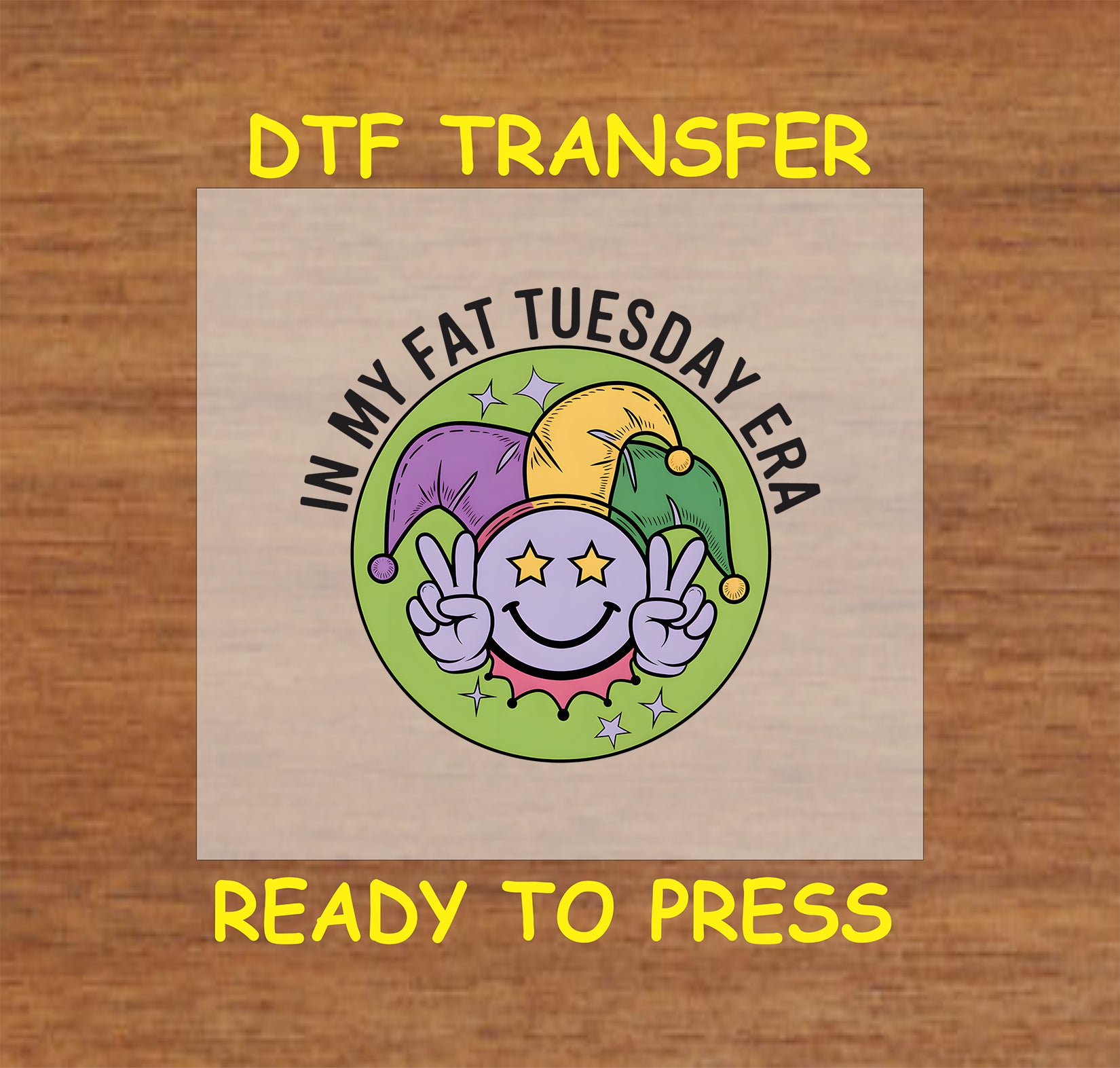 Mardi Gras themed DTF transfer with a smiley face wearing a jester hat and peace signs.