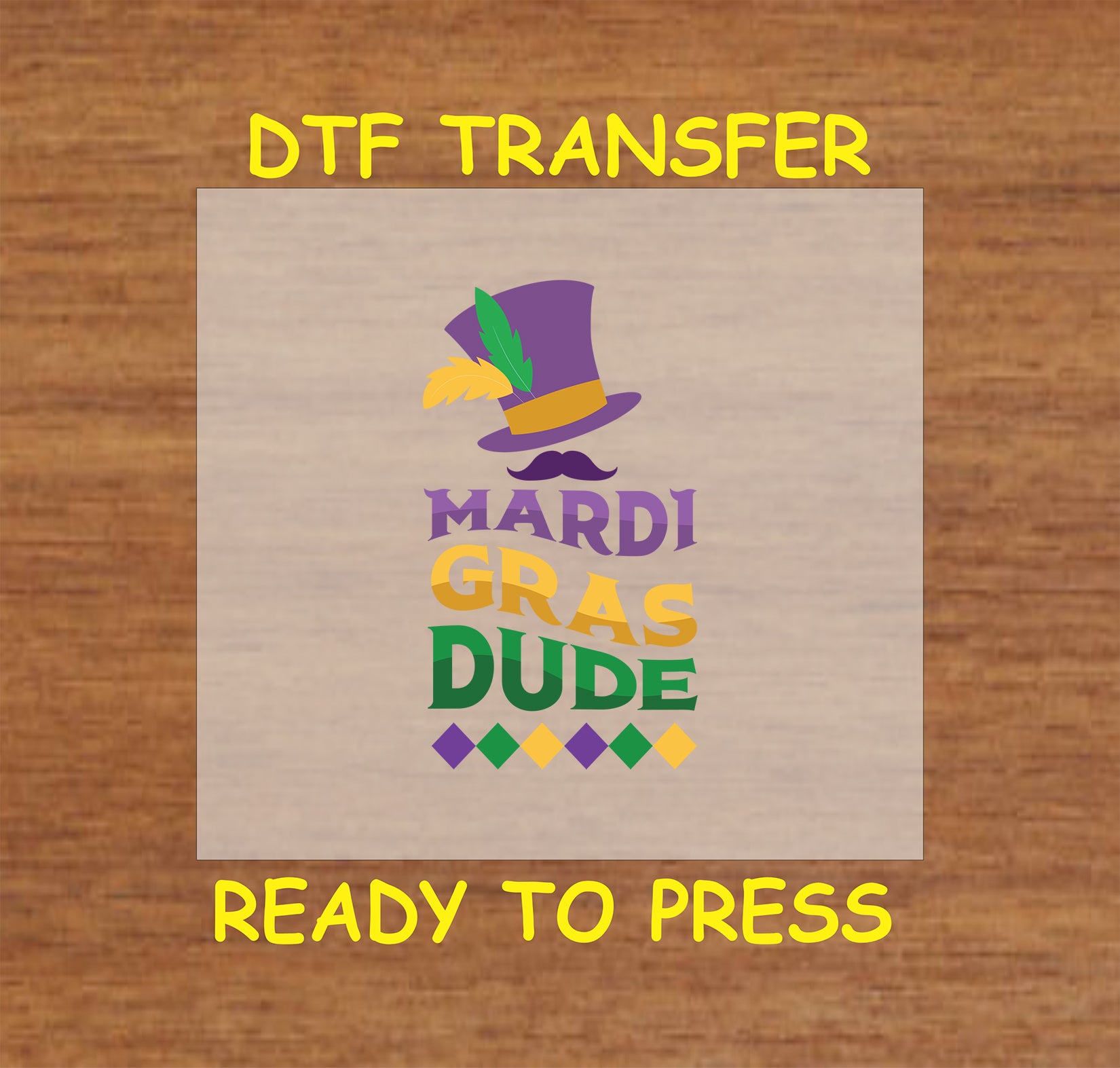 Mardi Gras Dude text with a top hat, mustache, and diamond pattern in purple, green, and gold.