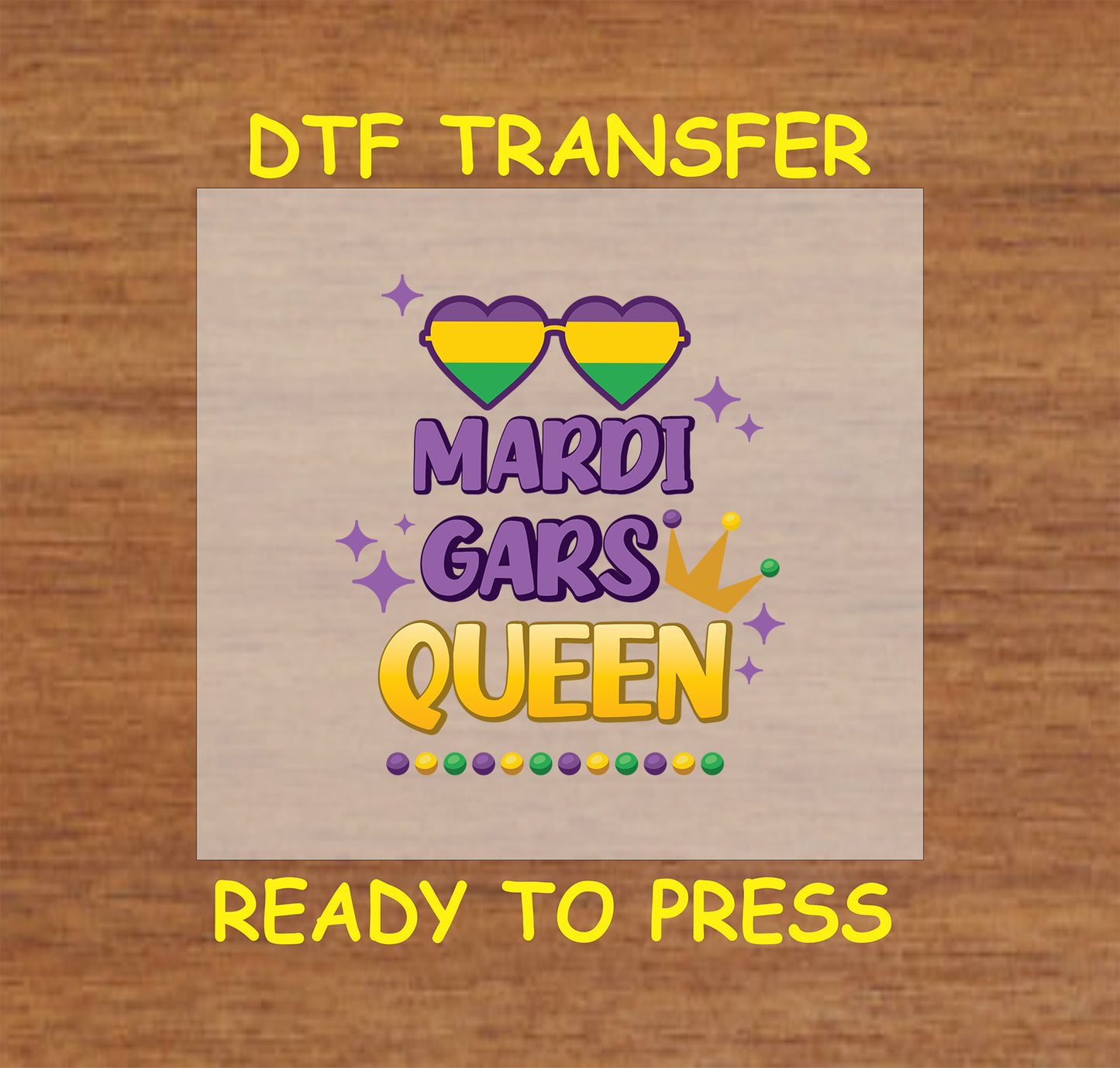 Mardi Gras Queen text with festive sunglasses, a crown, and bead accents.