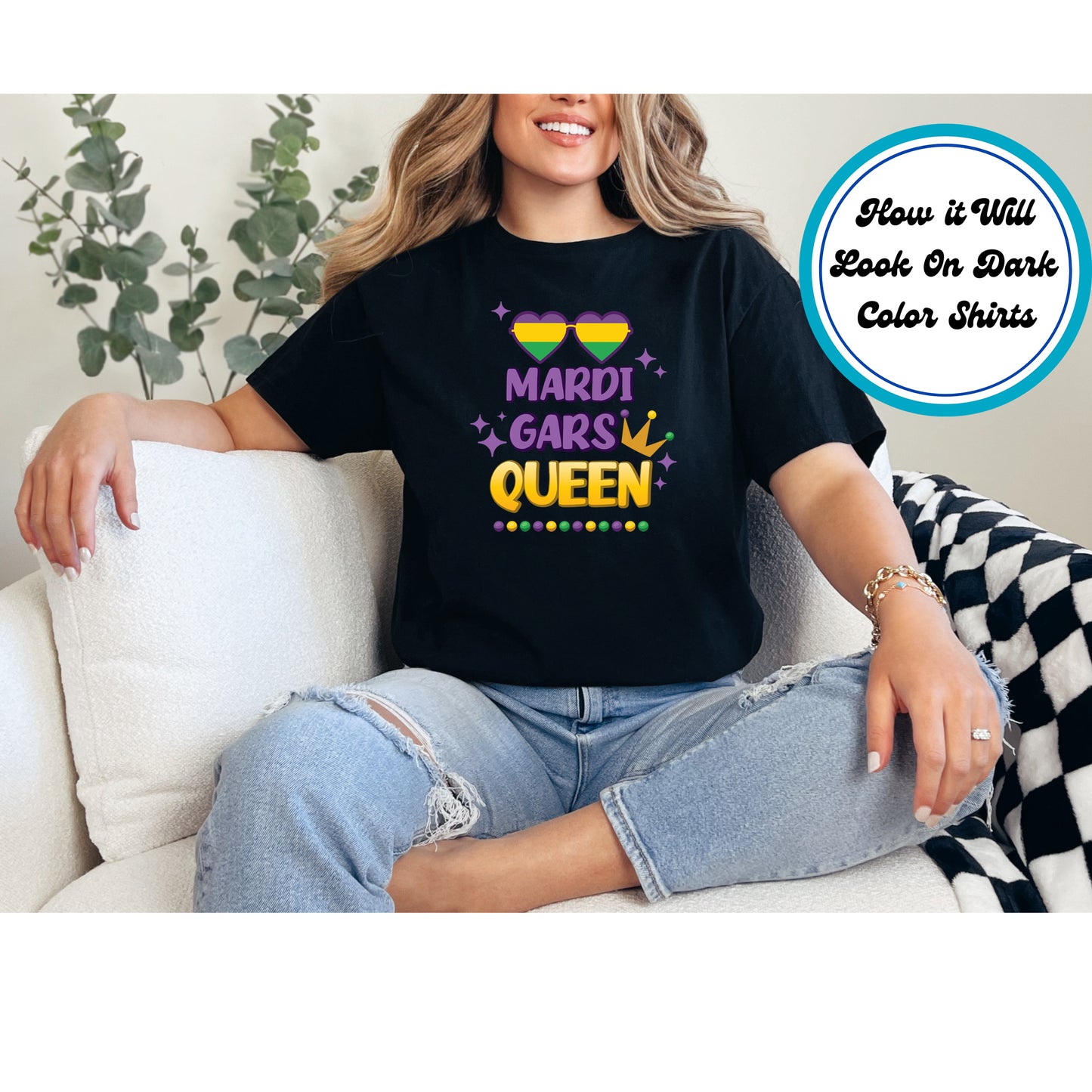 Mardi Gras Queen text with festive sunglasses, a crown, and bead accents.