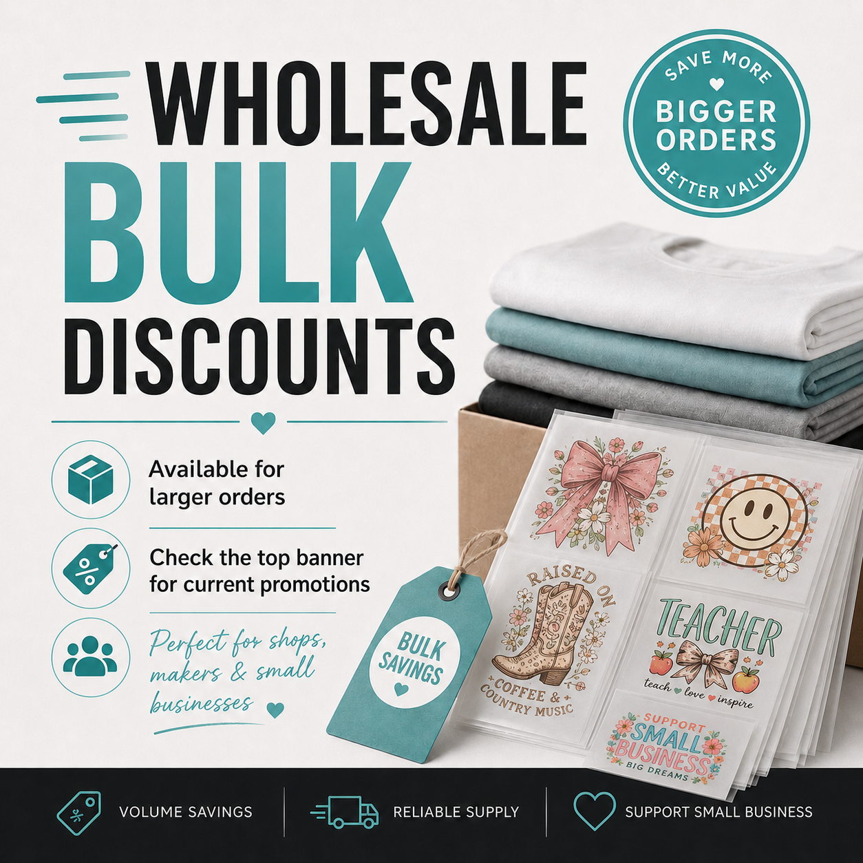 Promotional graphic for wholesale bulk discounts showing folded gray and teal garments, a kraft gift box, and printed tags with country-themed illustrations, alongside large text reading 'WHOLESALE BULK DISCOUNTS' and supporting callouts.