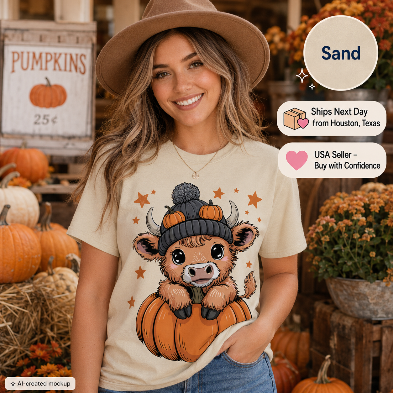 A woman wearing a tan wide-brim hat and a cream graphic t-shirt with a cartoon bull wearing a beanie and sitting on a pumpkin, posed in an autumn-themed setting with pumpkins and promotional text overlays.