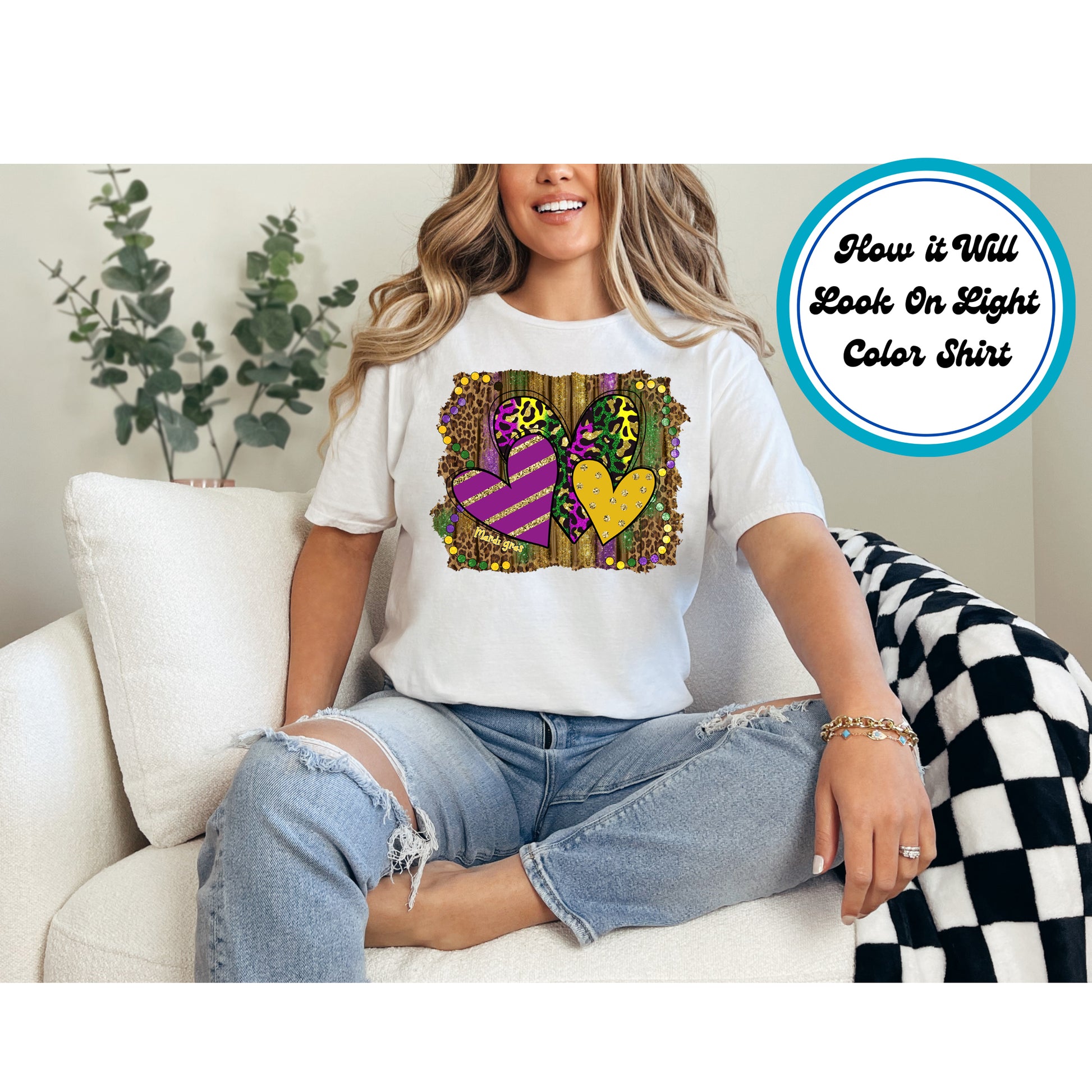 Mardi Gras DTF transfer with colorful hearts, leopard print, and glitter accents.