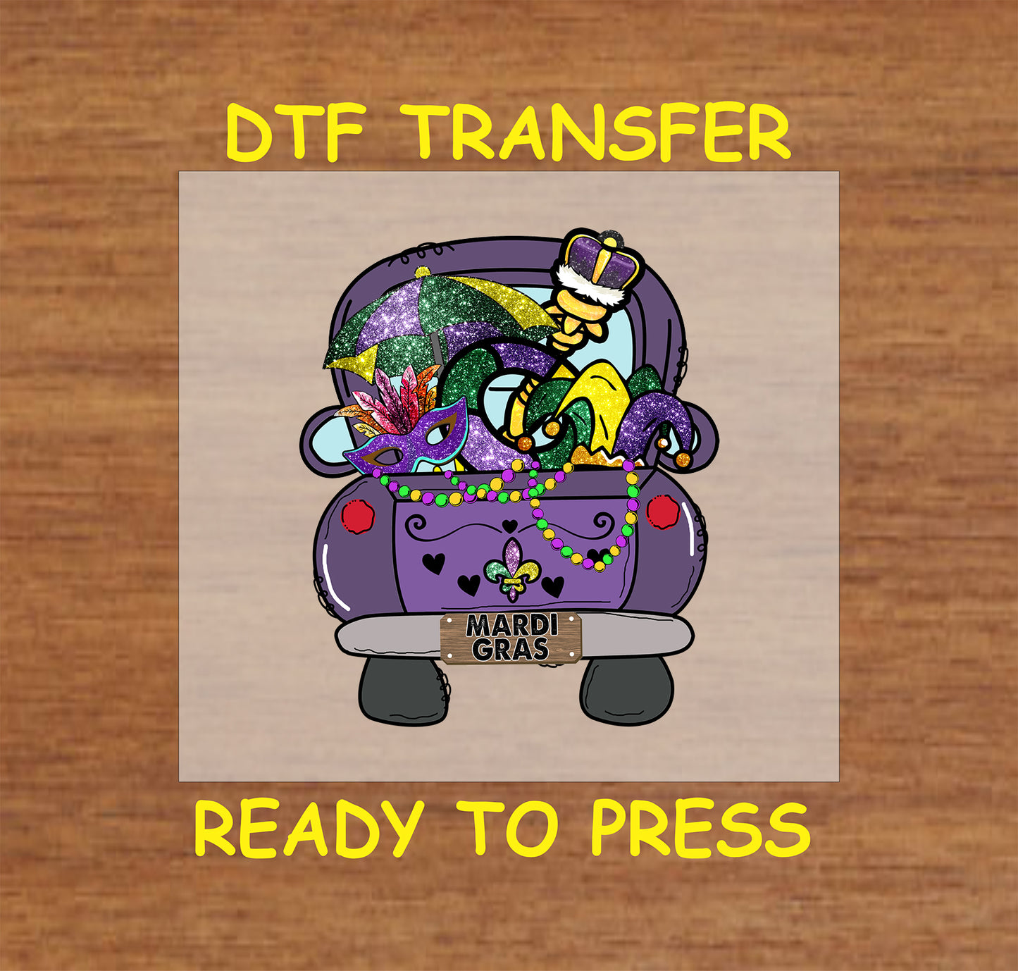 Mardi Gras truck DTF transfer with masks, beads, umbrella, and jester hat.