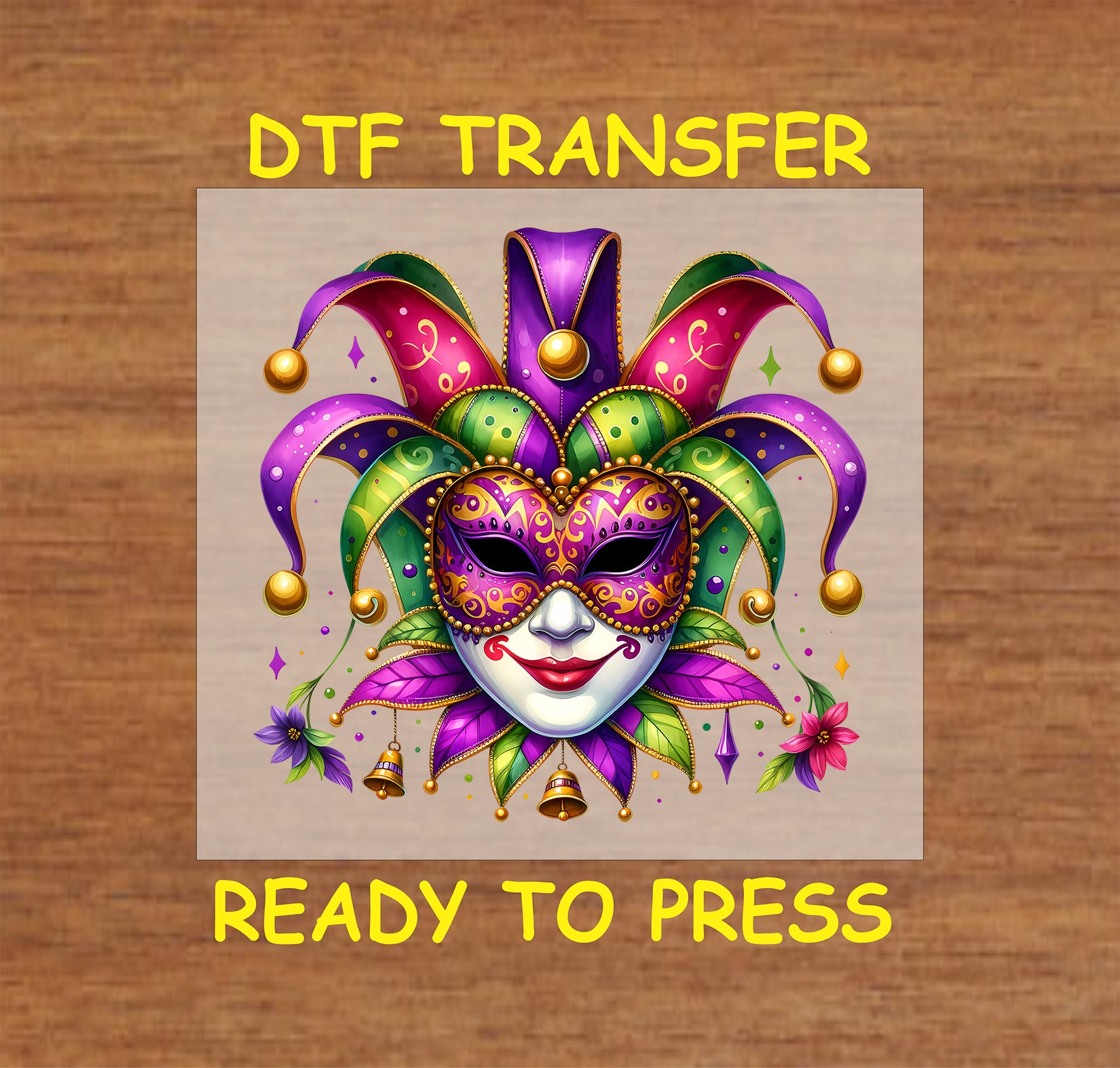 Mardi Gras jester mask DTF transfer with gold, green, and purple accents.
