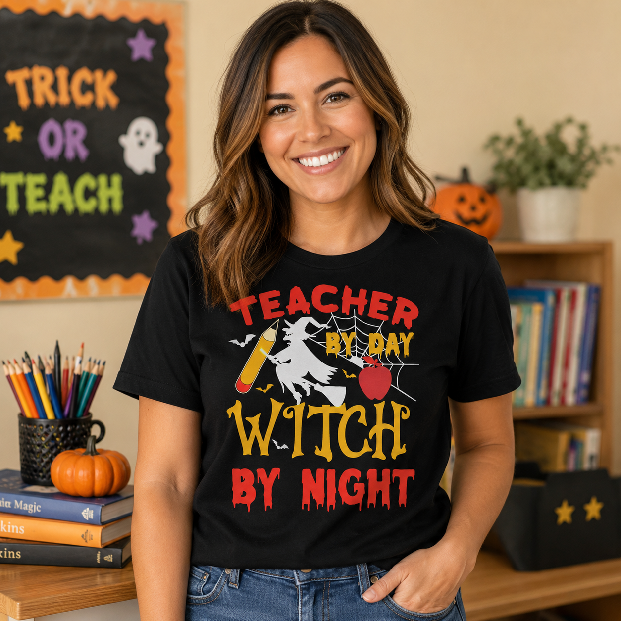 A woman wearing a black graphic t-shirt with a 'Teacher My Day Witch By Night' Halloween design, standing in a decorated classroom or library setting.