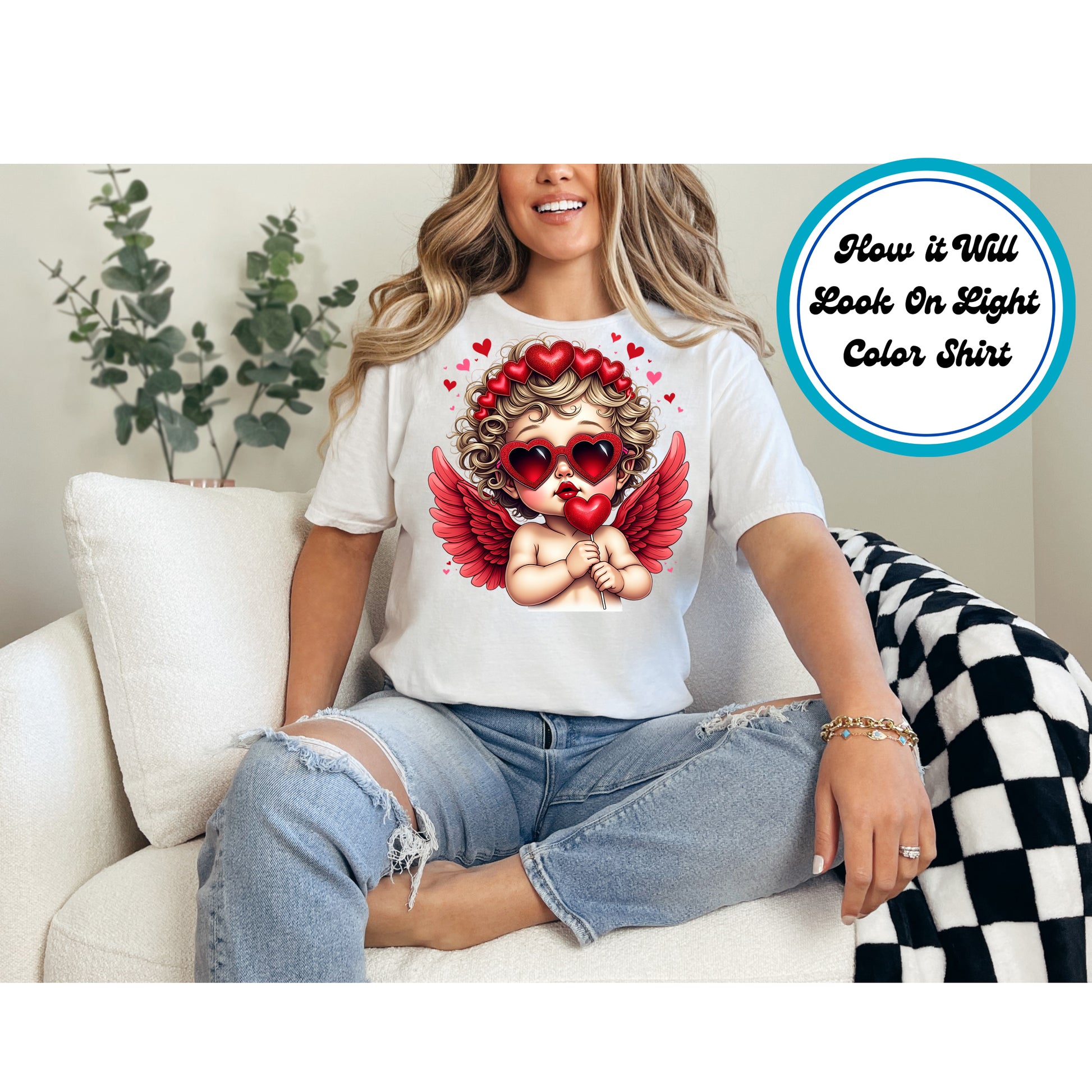 Valentine's angel with heart sunglasses, red wings, and a heart lollipop.
