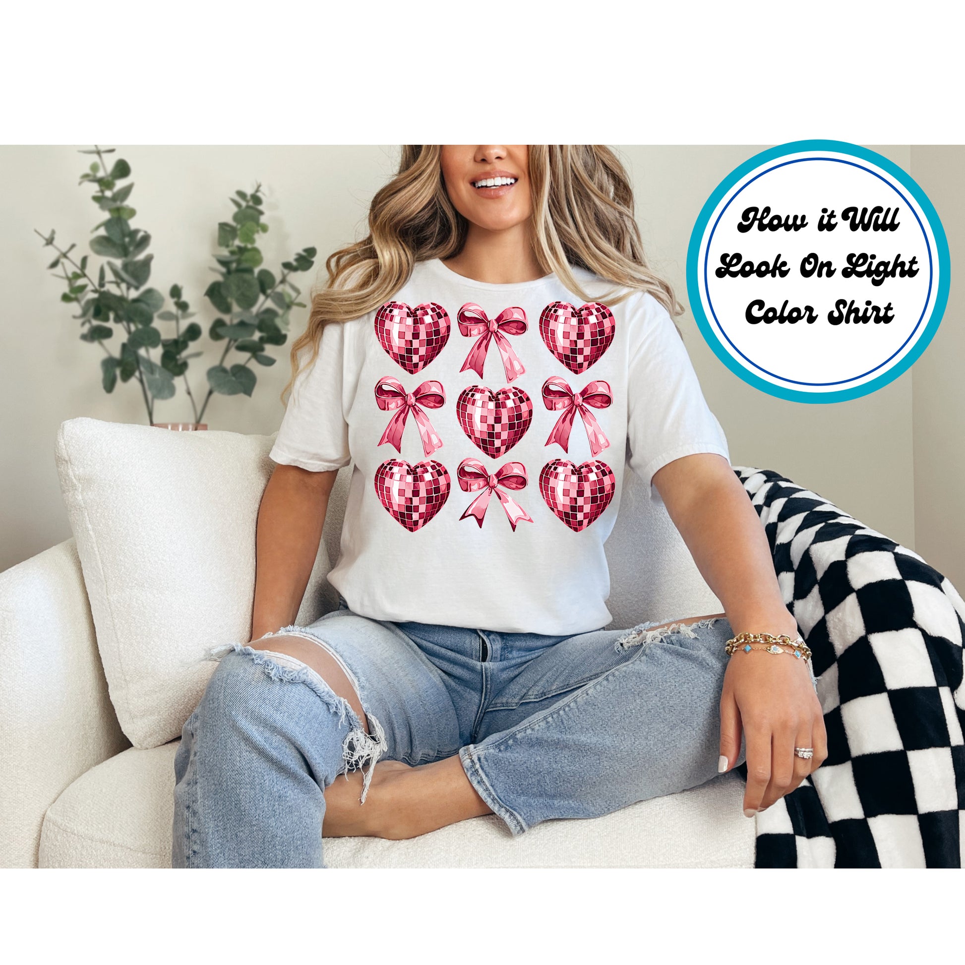 Pink disco ball hearts and bows in a retro Valentine's pattern.