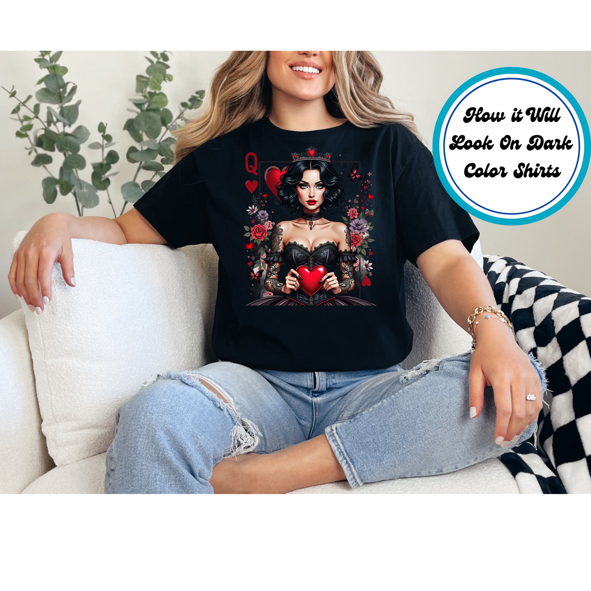 Gothic Queen of Hearts with black corset, crown, roses, and heart.