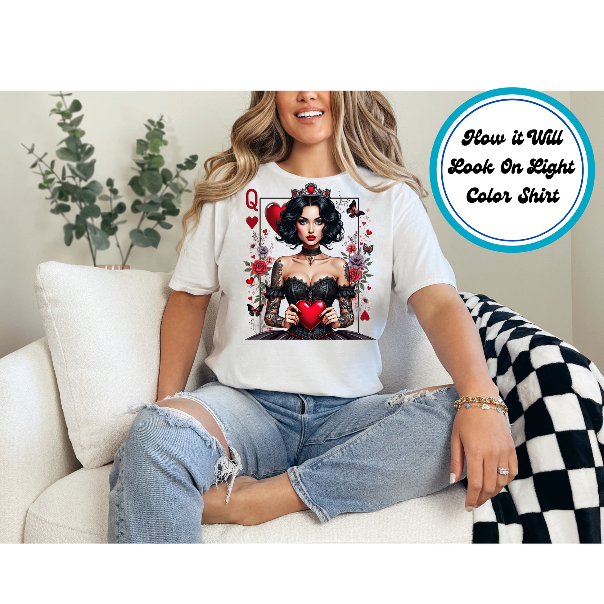 Gothic Queen of Hearts with black corset, crown, roses, and heart.
