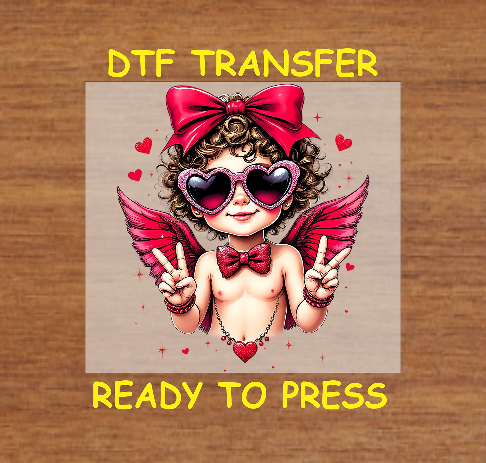 Playful cupid with heart sunglasses, red wings, and a big bow.