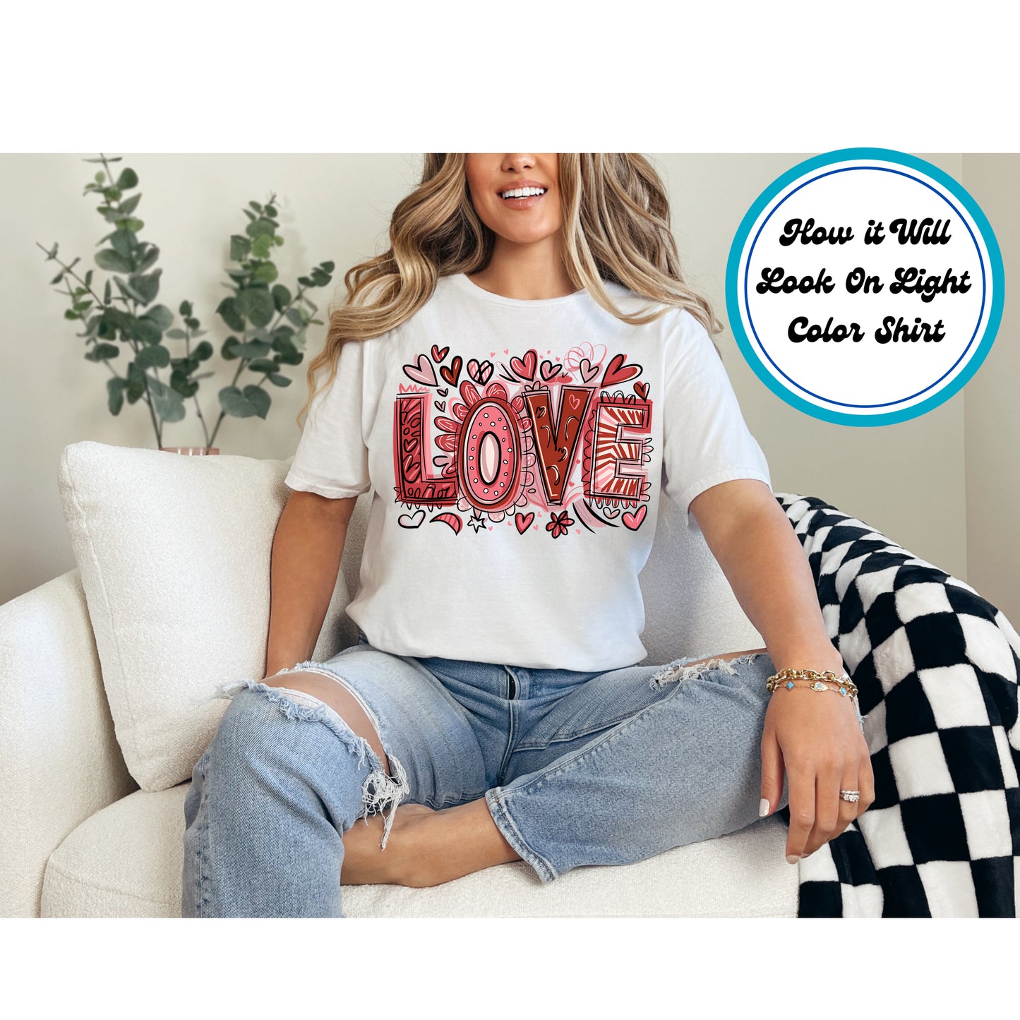 Hand-drawn "LOVE" design with hearts and doodles in red and pink.