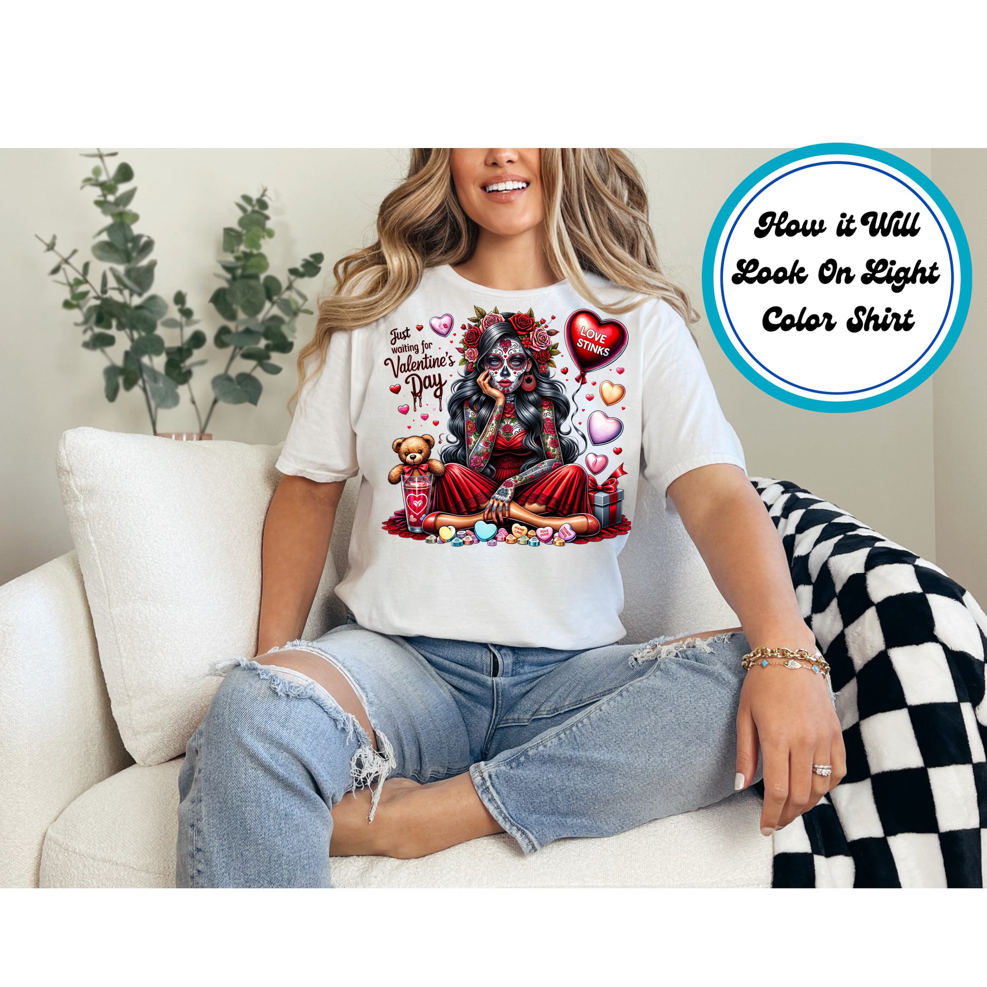 Sugar skull woman in red dress with heart balloons, candy, and roses.