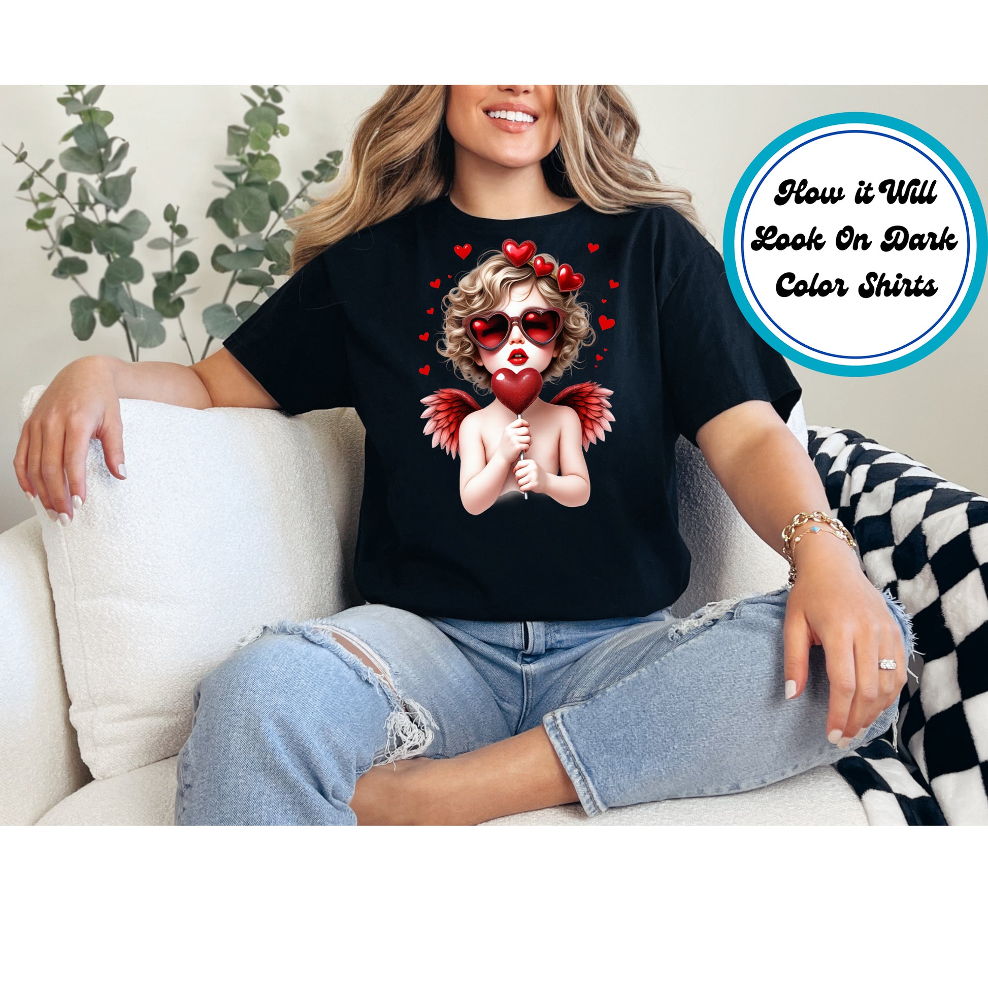 Cupid with red heart sunglasses, red wings, and a glittery heart lollipop.