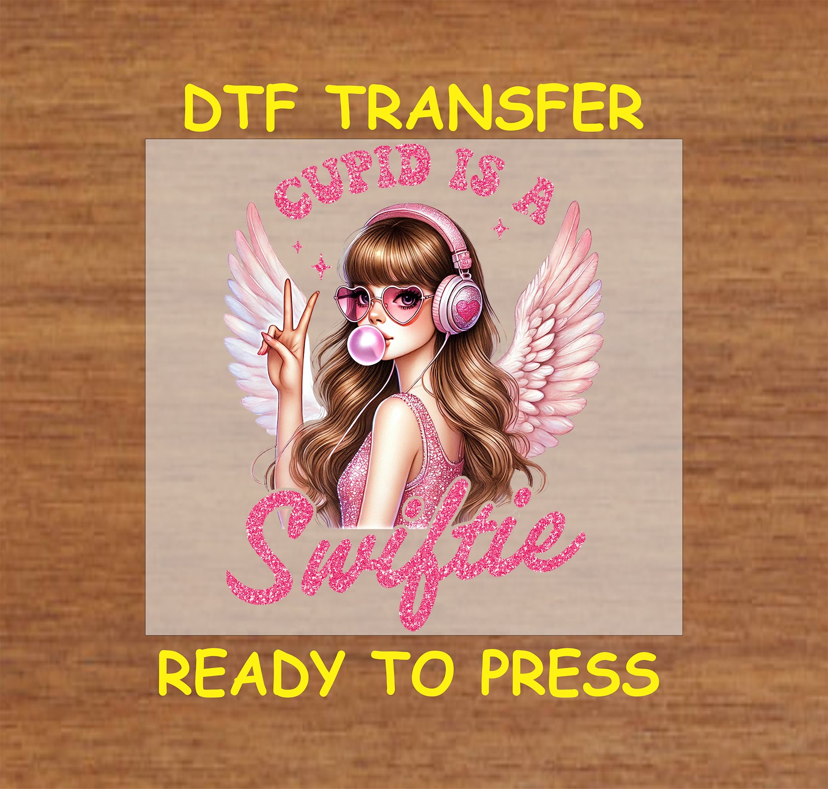 Stylish angel girl with pink sunglasses, headphones, and bubblegum in a Valentine's DTF transfer.