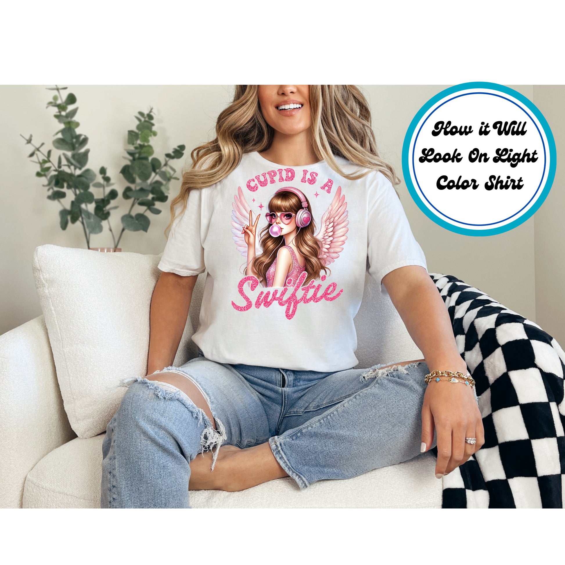 Stylish angel girl with pink sunglasses, headphones, and bubblegum in a Valentine's DTF transfer.