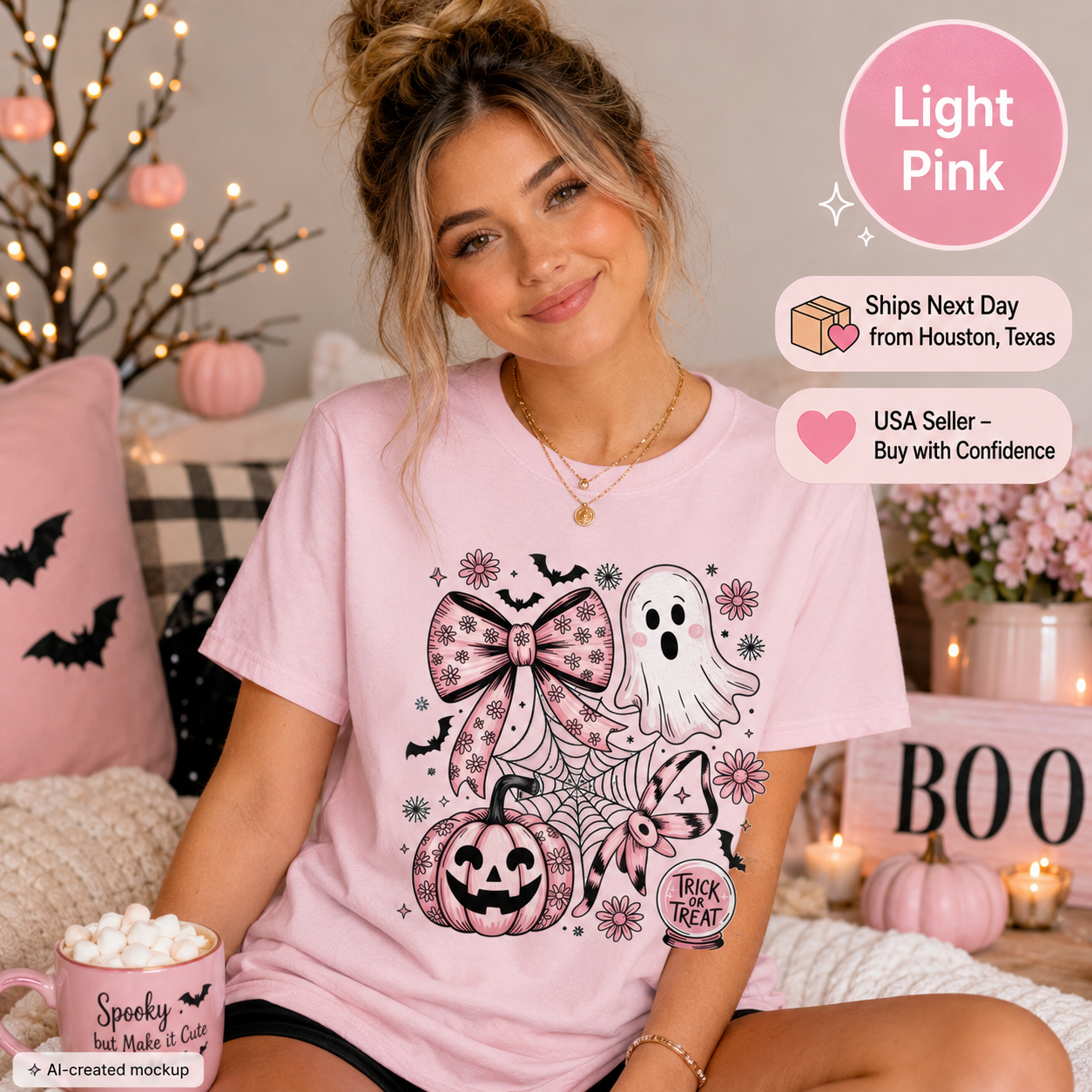 A woman wearing a light pink short-sleeve graphic T-shirt with a Halloween design featuring a large bow, ghost, pumpkin, spiderweb, bats, and flowers. The image includes promotional text badges: 'Light Pink,' 'Ships Next Day from Houston,' 'USA Seller - Buy with Confidence,' and 'Spooky but Made a Cut.
