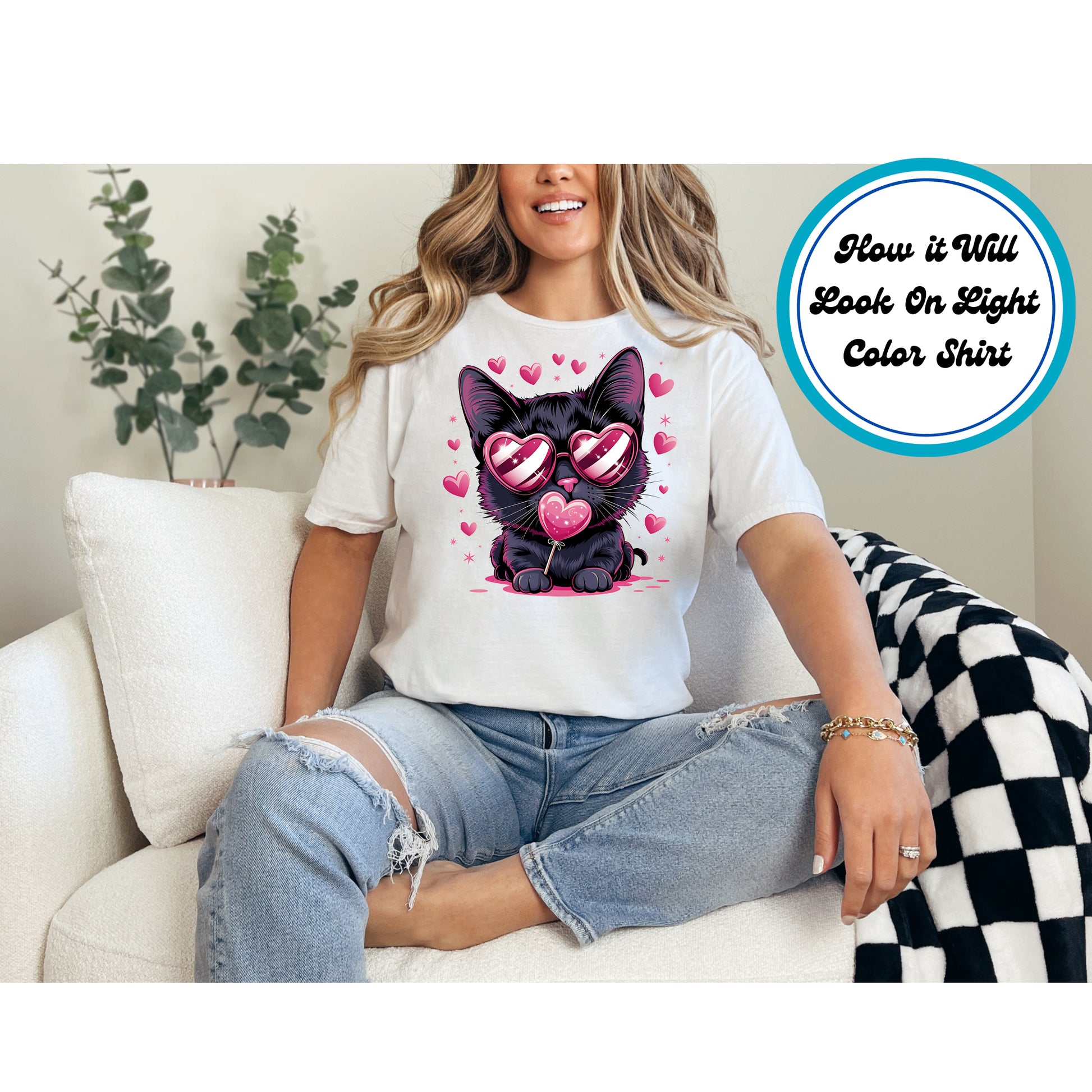 Black kitten with heart sunglasses, pink lollipop, and floating hearts.