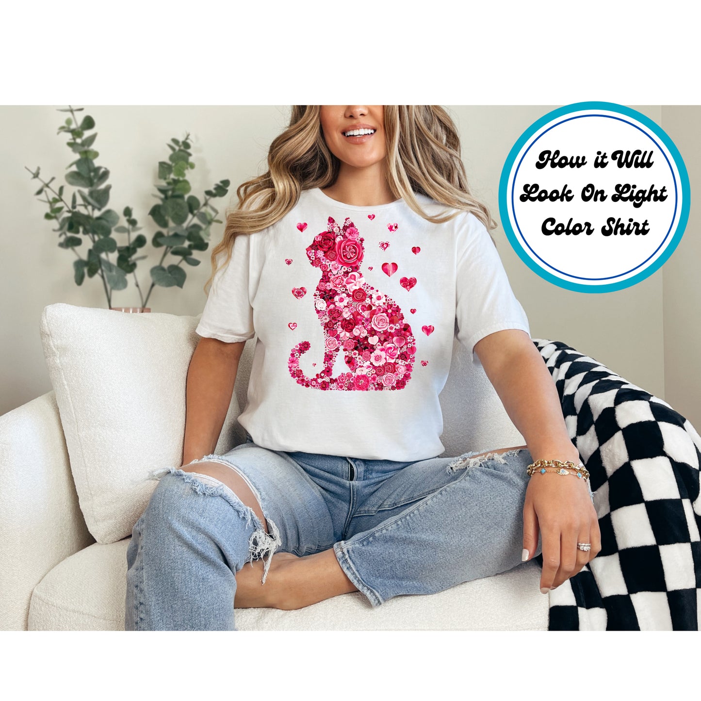 Cat silhouette made of pink roses and hearts, perfect for Valentine's Day.
