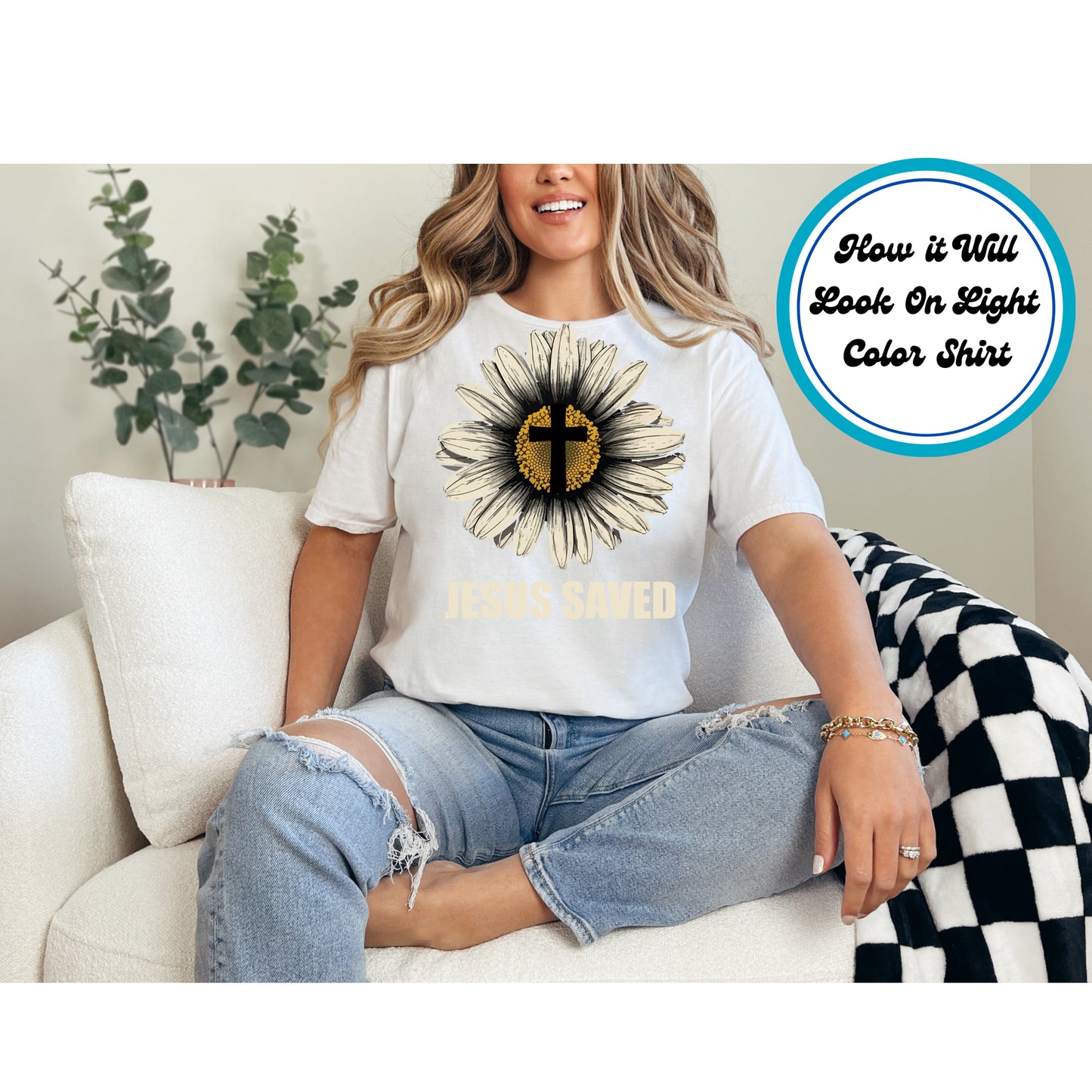Sunflower with a cross in the center and the words "Jesus Saved" beneath it.