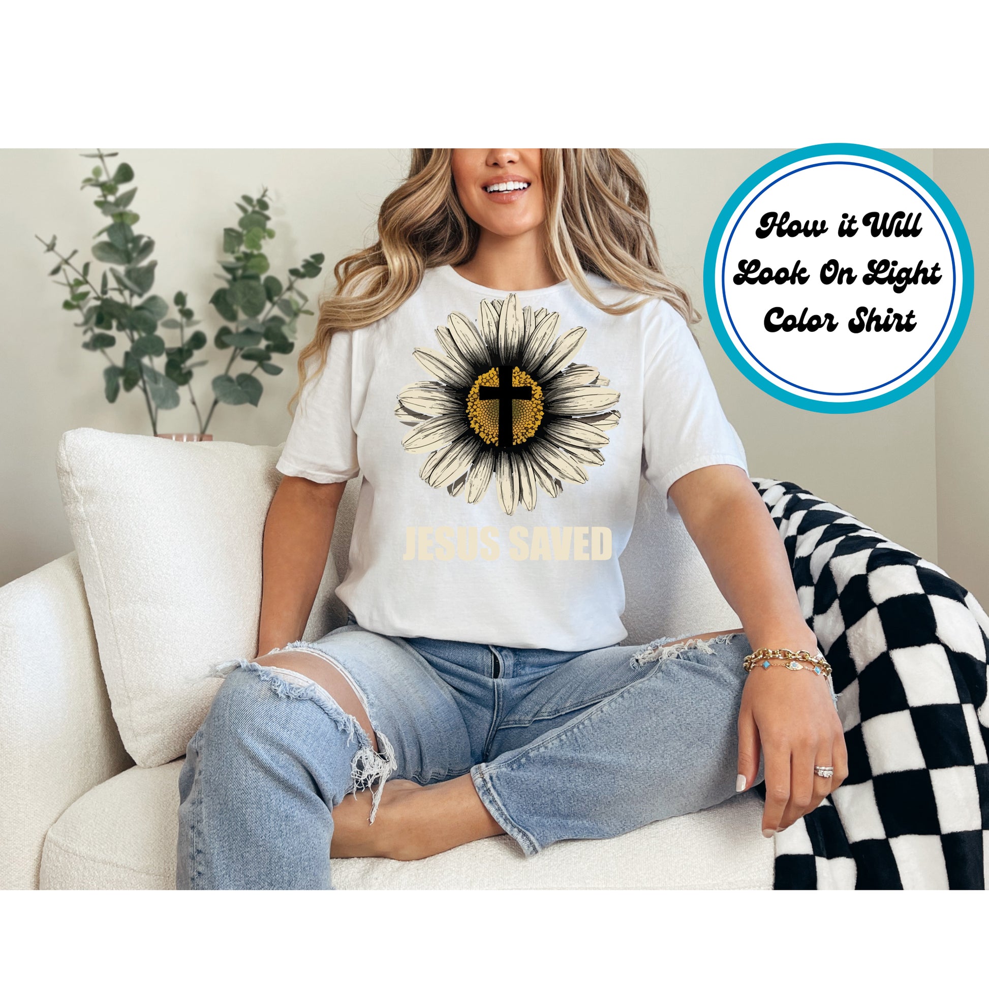 Sunflower with a cross in the center and the words "Jesus Saved" beneath it.