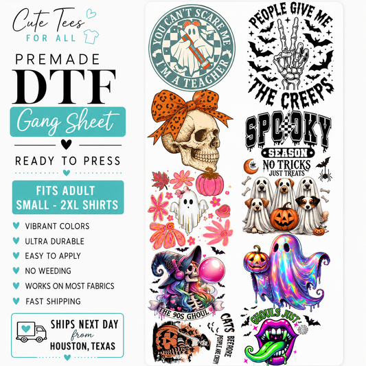 A digital mockup sheet showing a collection of Halloween-themed graphic designs for DTF (Direct to Fabric) shirts. The left side features promotional text detailing the product features, while the right side displays a grid of various spooky illustrations including a skull with an orange bow, ghosts, a colorful rainbow ghost, a witch, and a jack-o'-lantern.