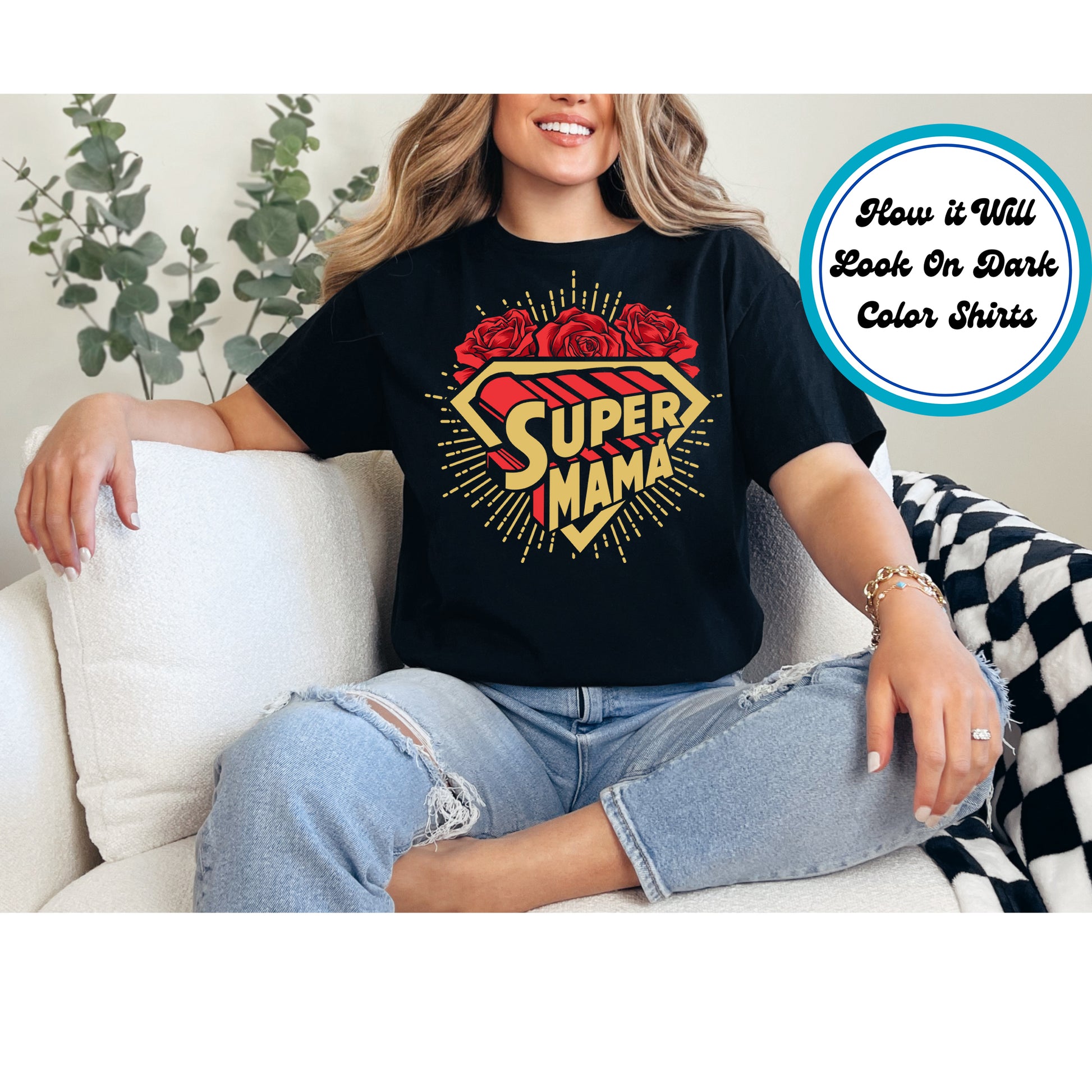 Super Mama DTF transfer with a superhero emblem, roses, and glowing rays, ideal for Mother’s Day.