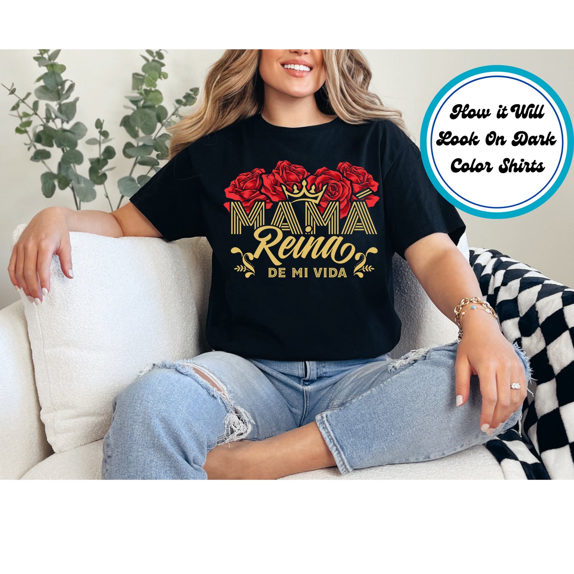 Mamá Reina DTF transfer with a crown, red roses, and gold lettering, perfect for Mother’s Day.