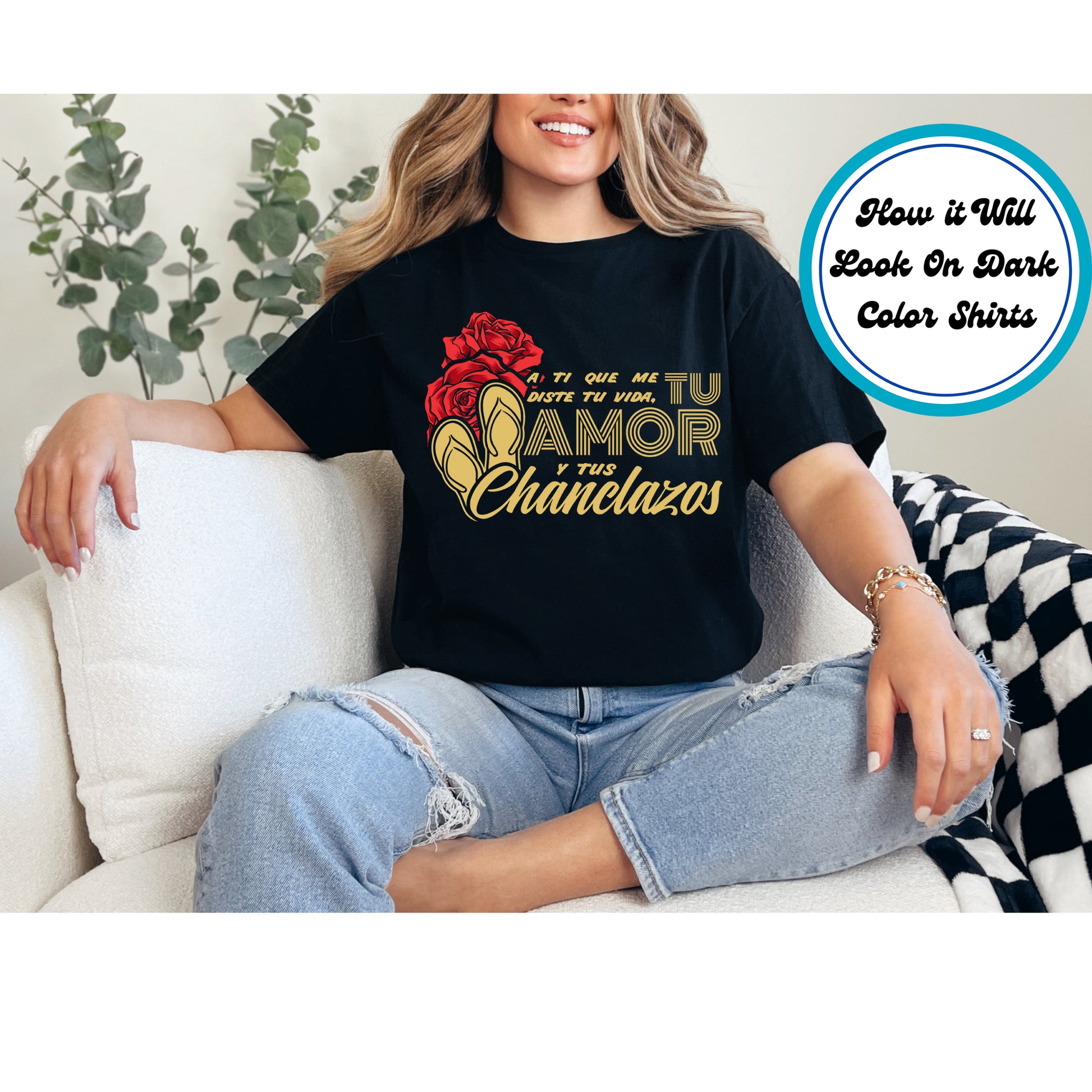 A Ti Que Me Diste Tu Vida DTF transfer with chanclas, red roses, and gold lettering, perfect for Hispanic moms.
