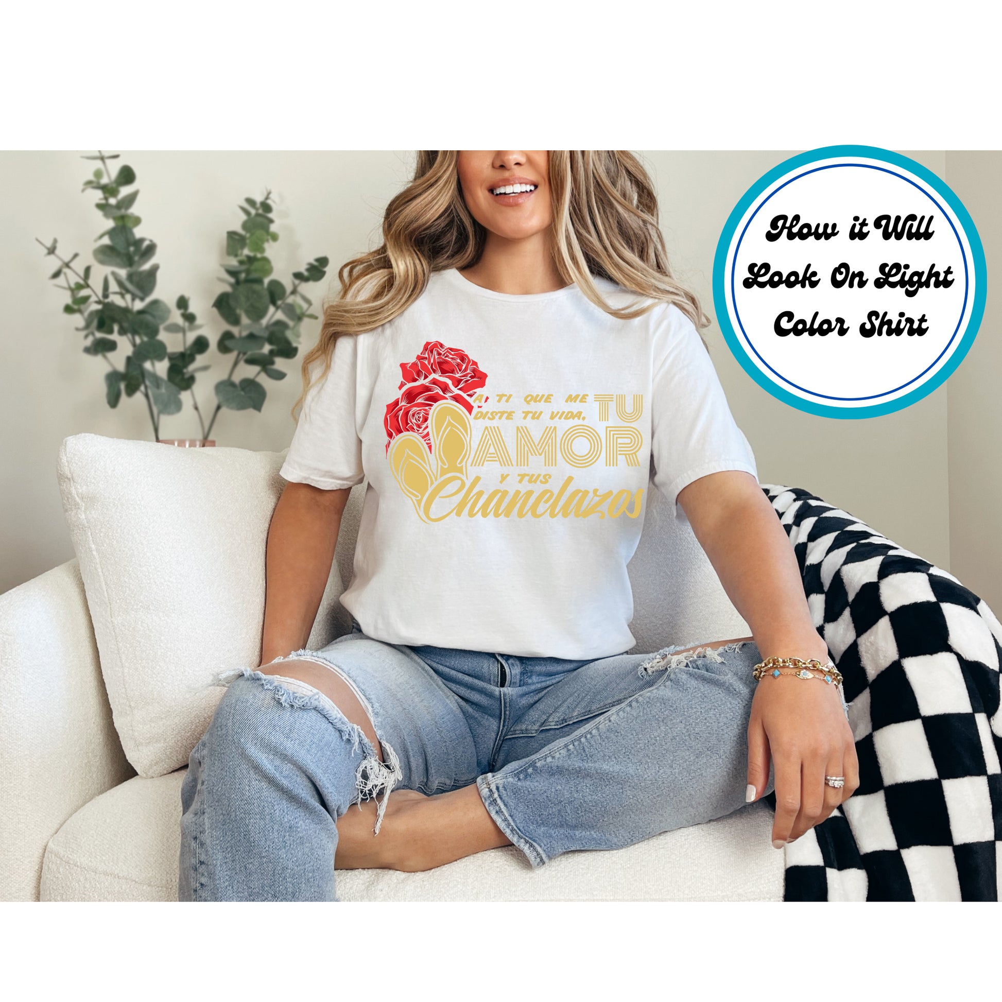 A Ti Que Me Diste Tu Vida DTF transfer with chanclas, red roses, and gold lettering, perfect for Hispanic moms.