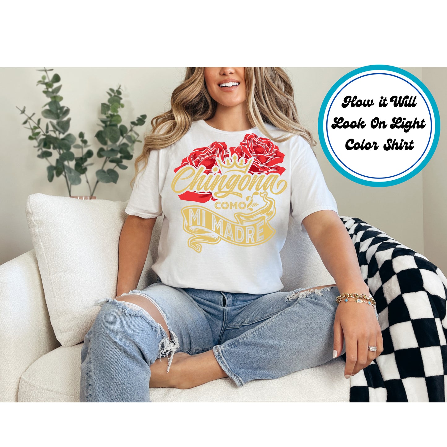 Chingona Como Mi Madre DTF transfer with a crown, red roses, and gold lettering, perfect for Hispanic moms.