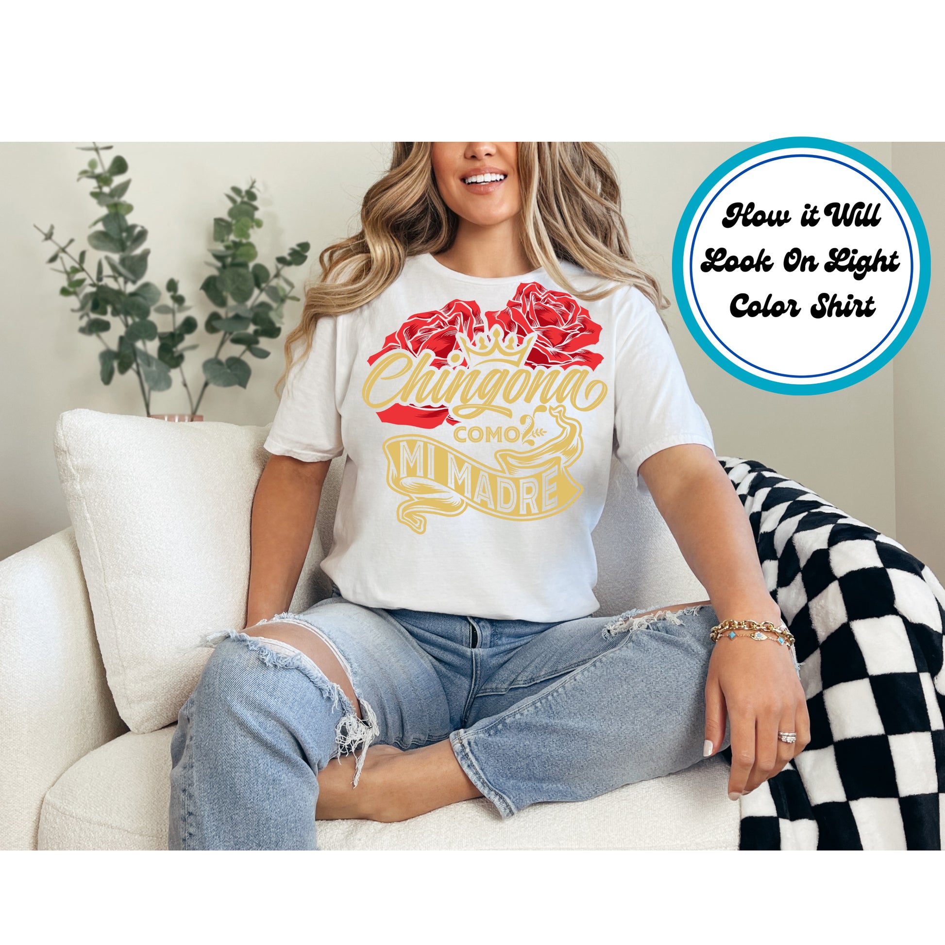 Chingona Como Mi Madre DTF transfer with a crown, red roses, and gold lettering, perfect for Hispanic moms.