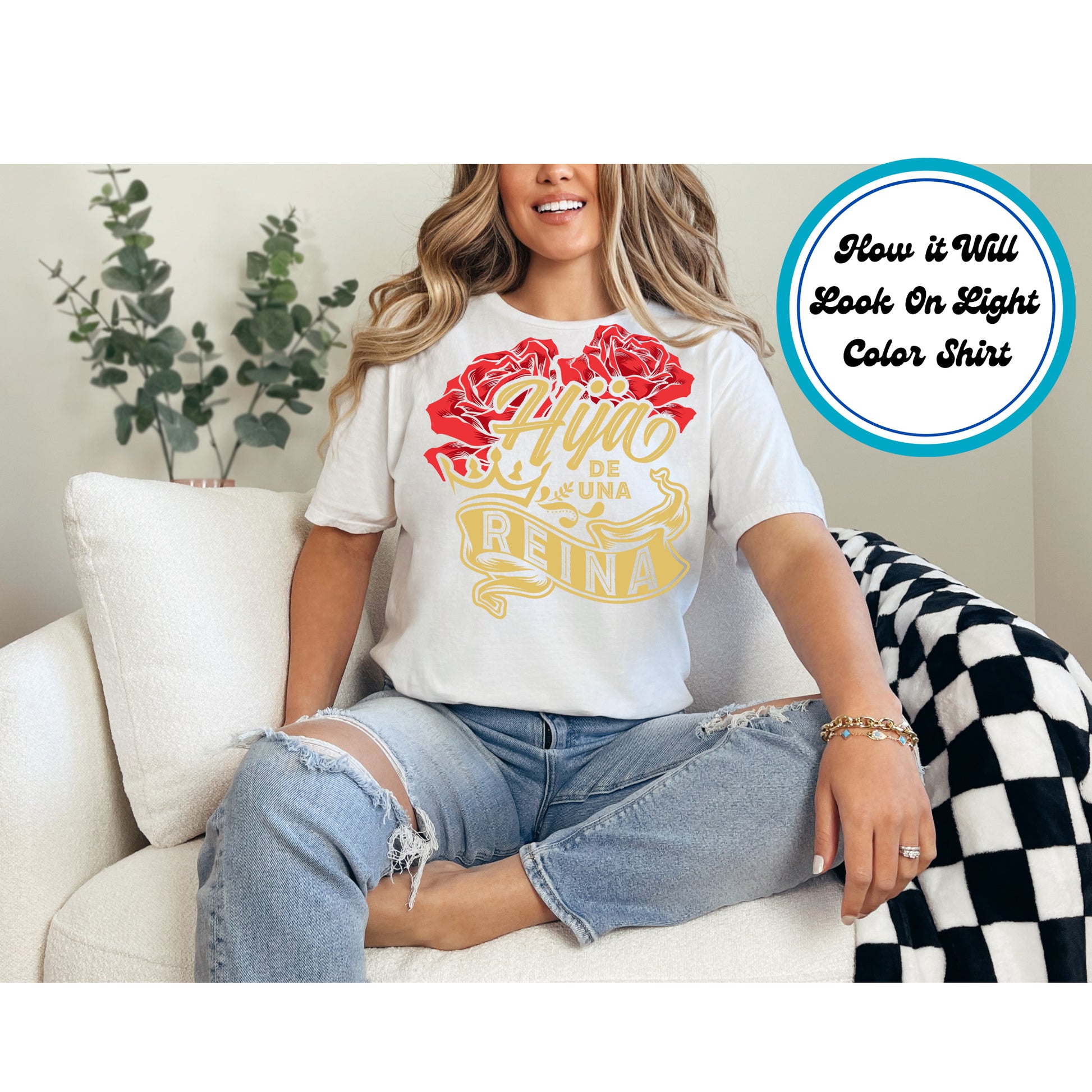 Hija de Una Reina DTF transfer with a crown, red roses, and gold lettering, perfect for Hispanic daughters.