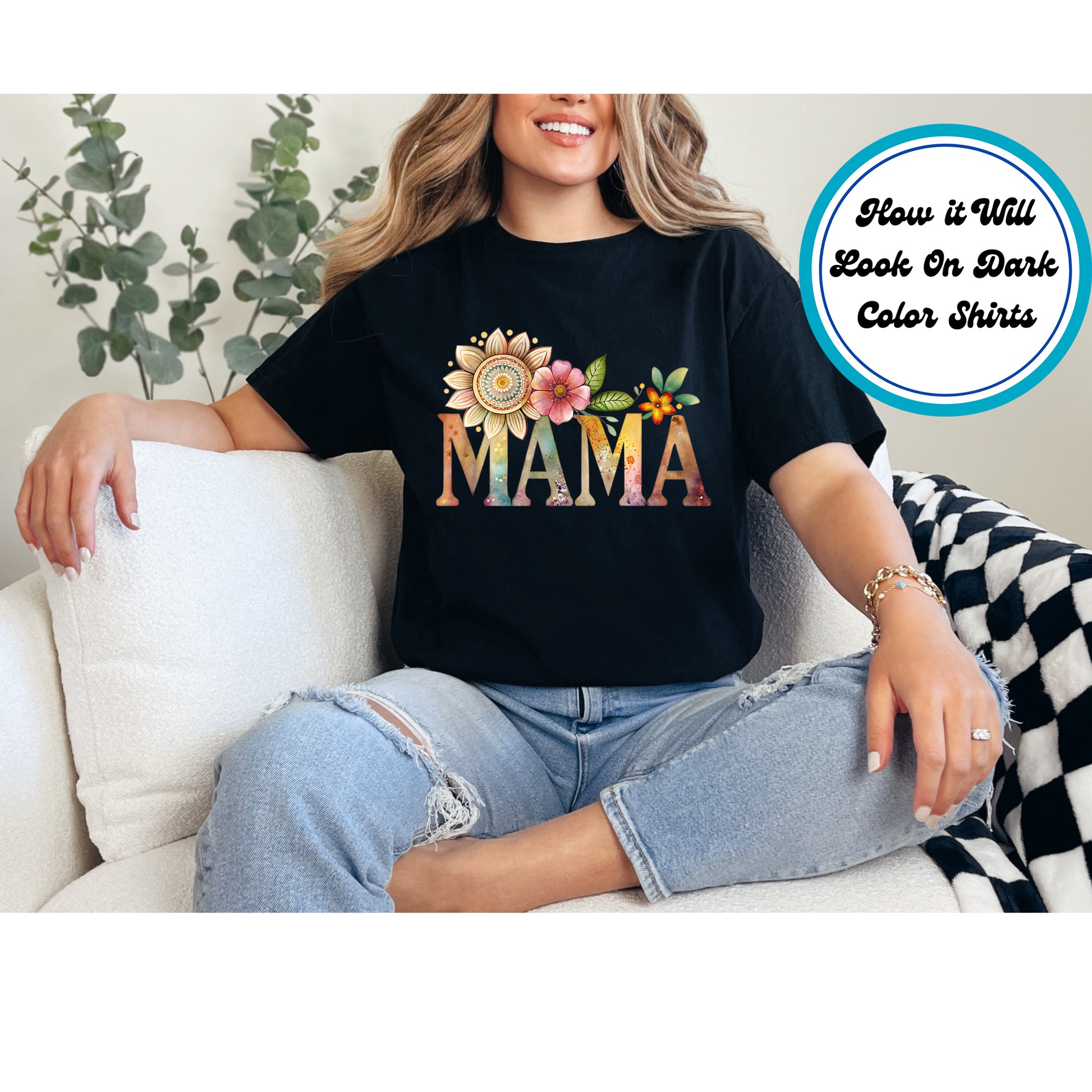 Boho Mama DTF transfer with watercolor floral accents, perfect for Mother’s Day gifts.